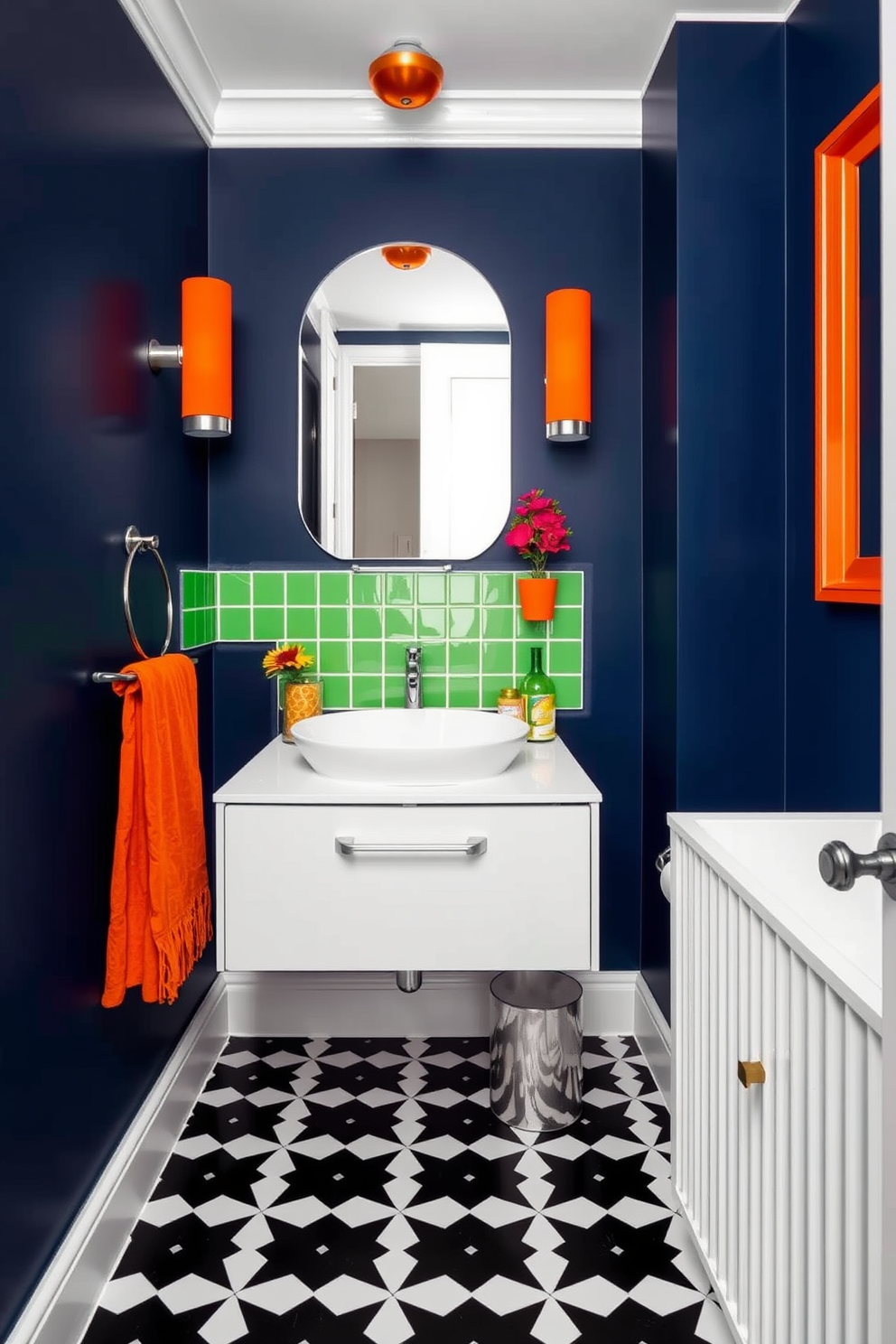 A trendy powder room features bold color combinations that create striking contrast. The walls are painted in a deep navy blue, paired with bright orange accents in the decor and fixtures. A sleek floating vanity in a glossy white finish is complemented by a vibrant green backsplash. Unique geometric tiles in a mix of black and white cover the floor, adding a modern touch to the space.