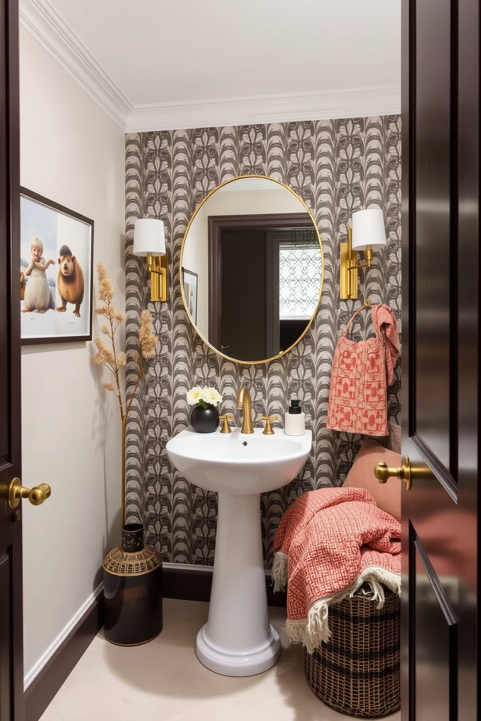 Seasonal decor for a fresh update. The room features a neutral color palette with pops of seasonal colors through decorative pillows and throws. Trendy Powder Room Design Ideas. The space includes a bold wallpaper pattern, a sleek pedestal sink, and modern brass fixtures that create a chic atmosphere.