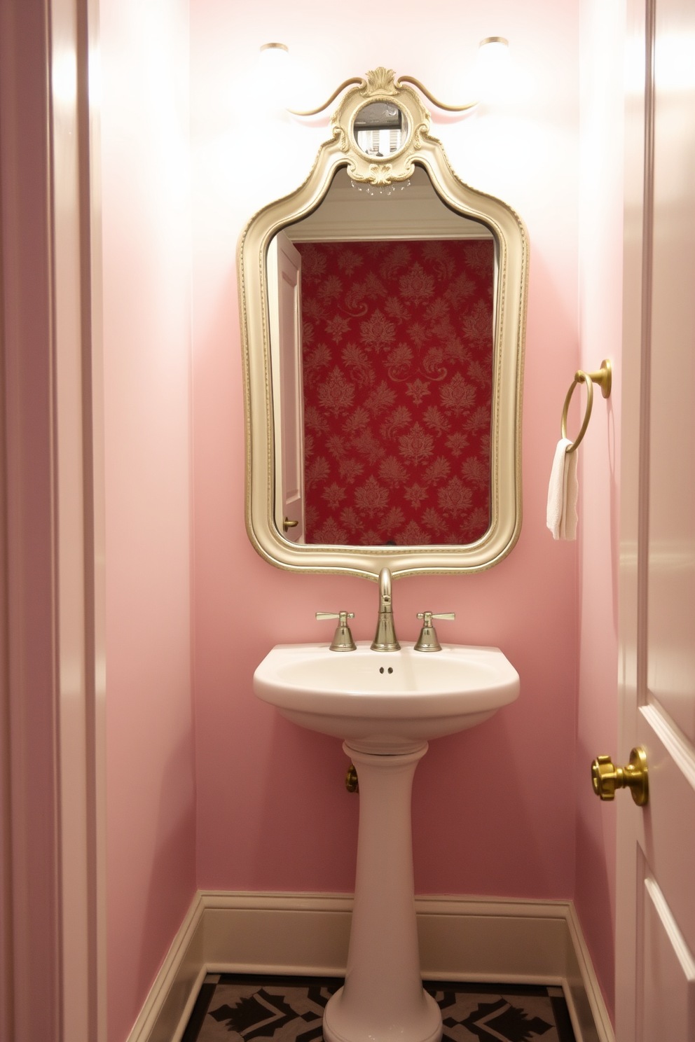 A vintage mirror hangs elegantly on the wall, reflecting the stylish decor of the trendy powder room. The space features a chic pedestal sink with a sleek faucet and a vibrant wallpaper that adds a pop of color. The flooring is adorned with intricate tile patterns that complement the overall aesthetic. Soft lighting fixtures create a warm ambiance, enhancing the classic charm of the vintage mirror.