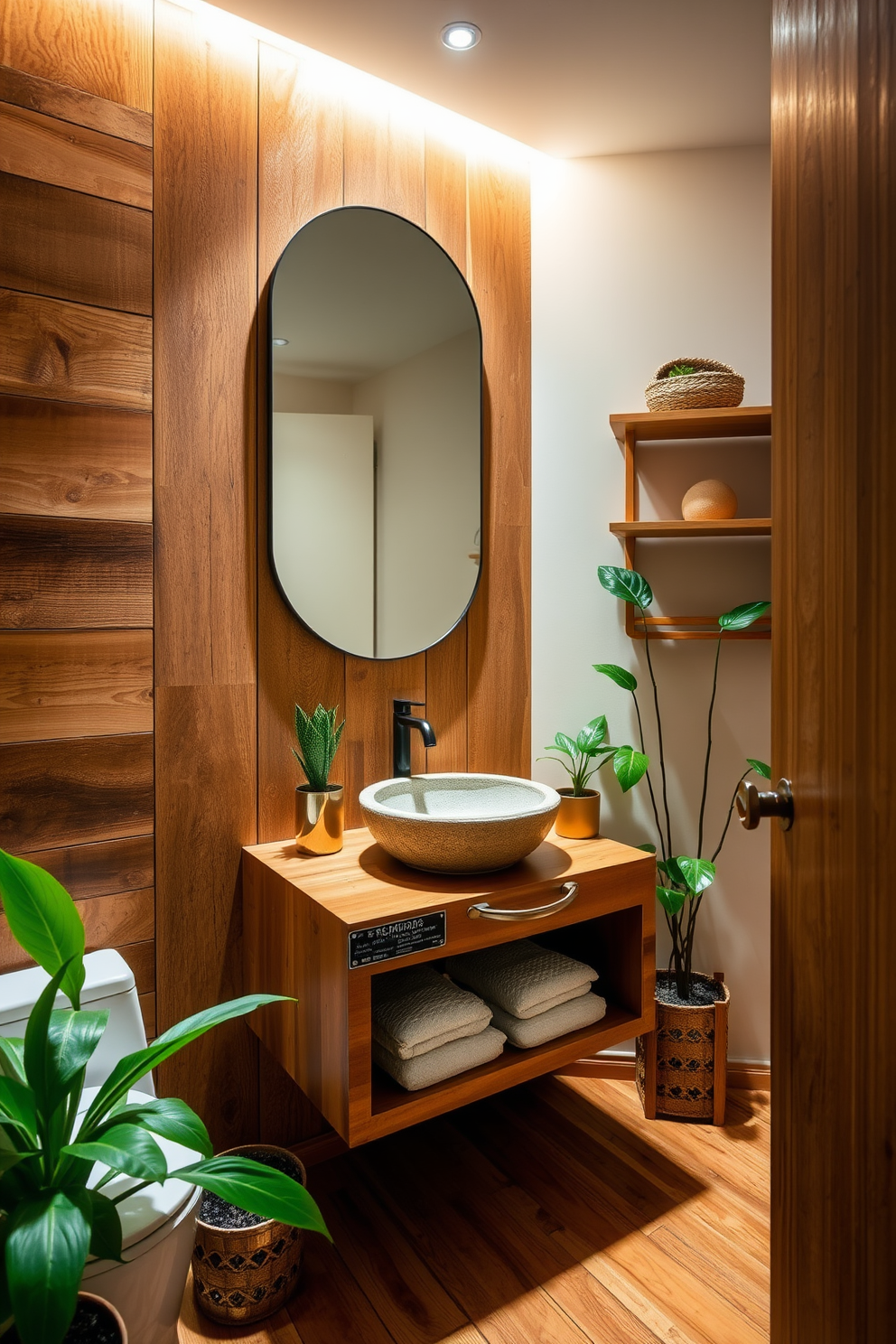 A chic powder room featuring eco-friendly materials that promote sustainability. The walls are adorned with reclaimed wood paneling and the flooring is made of bamboo, creating a warm and inviting atmosphere. The space includes a stylish floating vanity crafted from recycled materials, topped with a natural stone sink. Soft, ambient lighting highlights the organic textures, while potted plants add a touch of greenery and freshness.