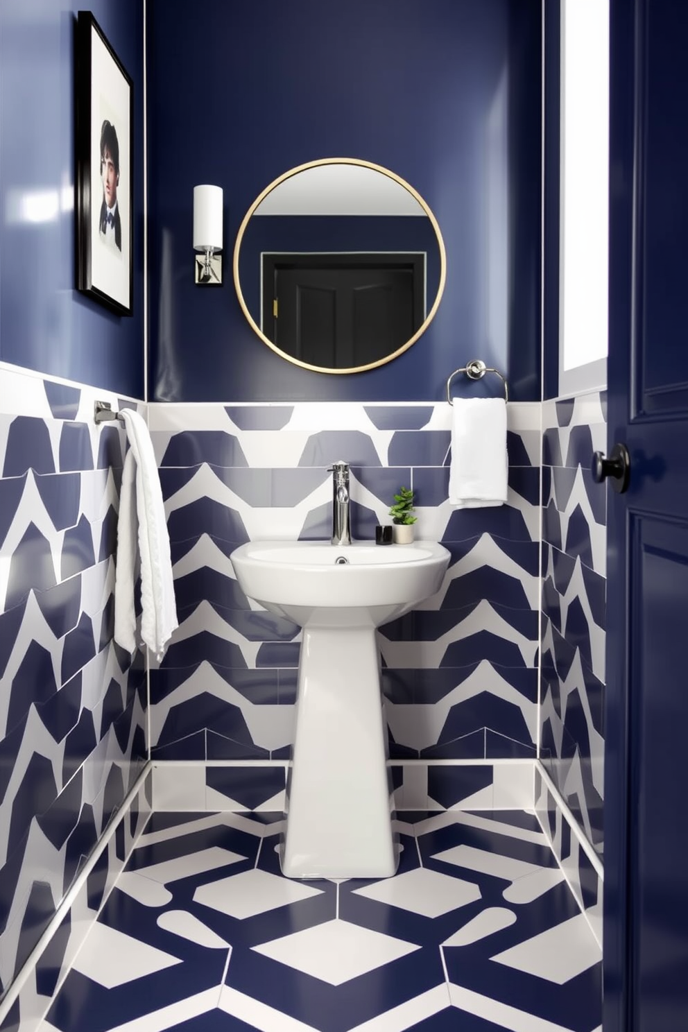 A trendy powder room features bold geometric tiles that create a striking visual impact on the floor and walls. The color palette combines deep navy with bright white accents, enhancing the modern aesthetic. A sleek pedestal sink is complemented by a stylish wall-mounted faucet, adding to the contemporary feel. Decorative elements include a round mirror with a minimalist frame and a small potted plant for a touch of greenery.