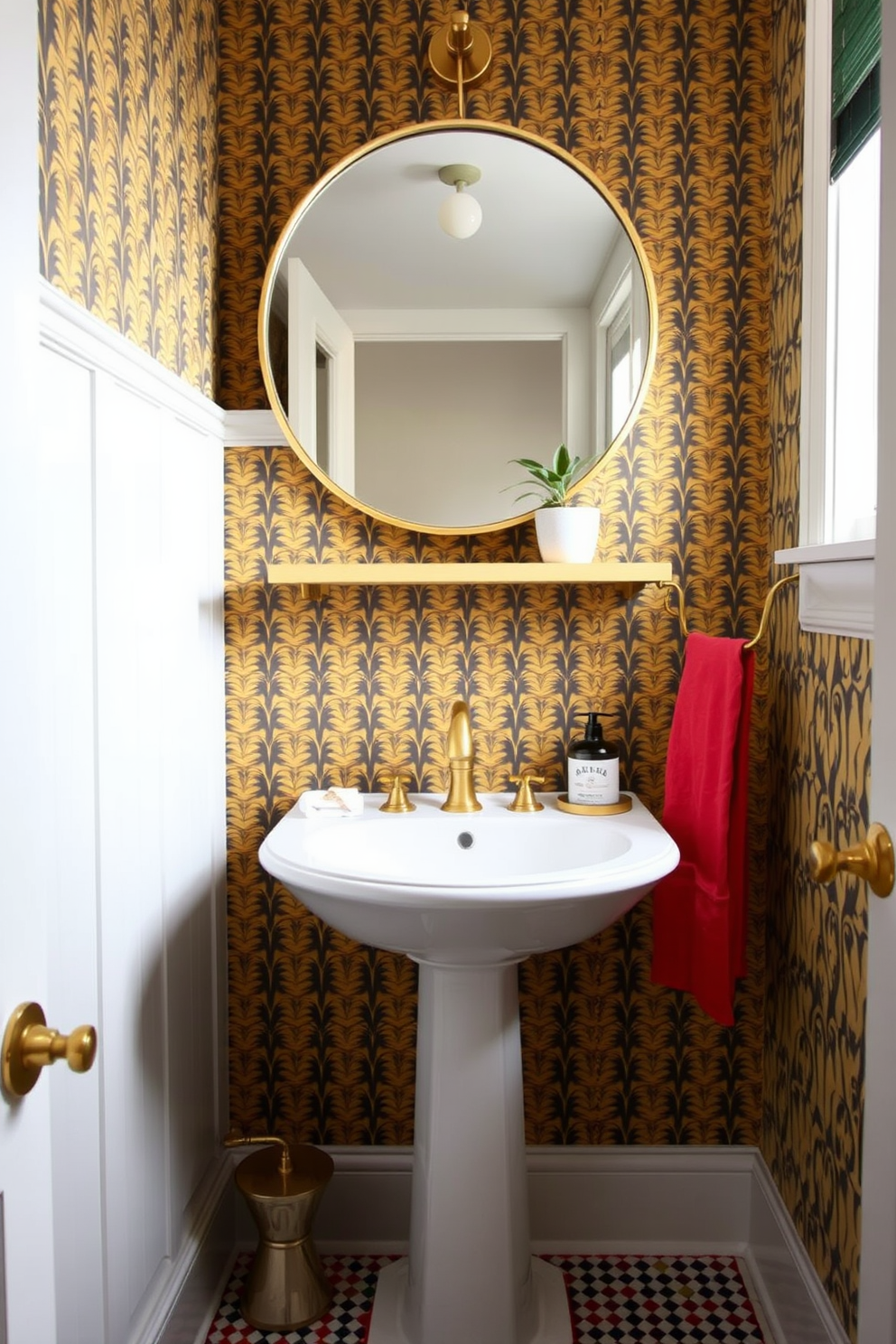 A trendy powder room featuring brass fixtures that add a touch of luxury. The space includes a stylish pedestal sink with an elegant gold faucet and a chic round mirror above it. The walls are adorned with a bold patterned wallpaper that complements the brass accents. A small potted plant sits on a floating shelf, enhancing the room's vibrant atmosphere.