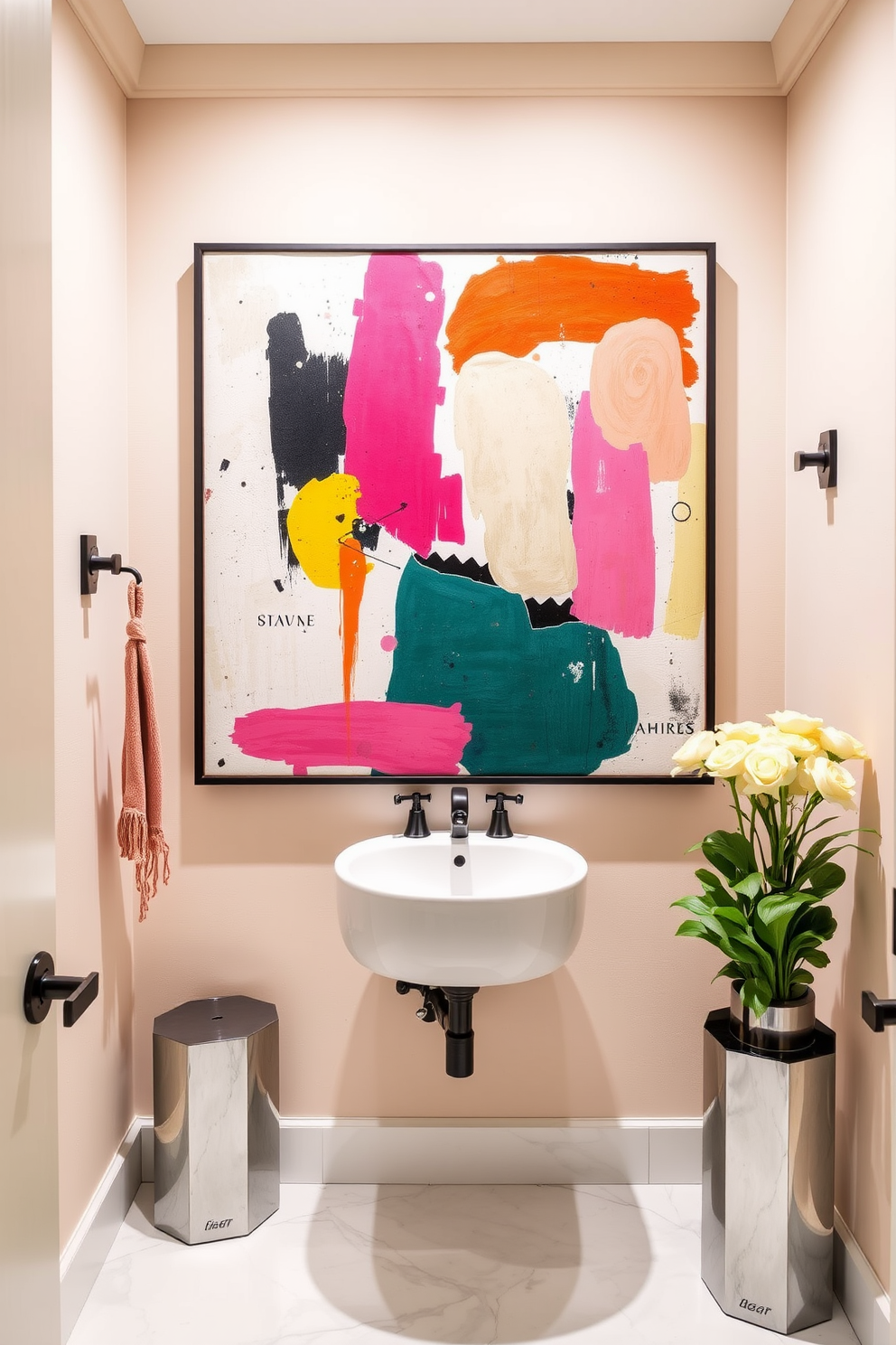 A trendy powder room features a large-scale art piece as the focal point, drawing attention with its vibrant colors and bold design. The walls are adorned in a soft pastel hue, complementing the contemporary fixtures and stylish accents throughout the space.