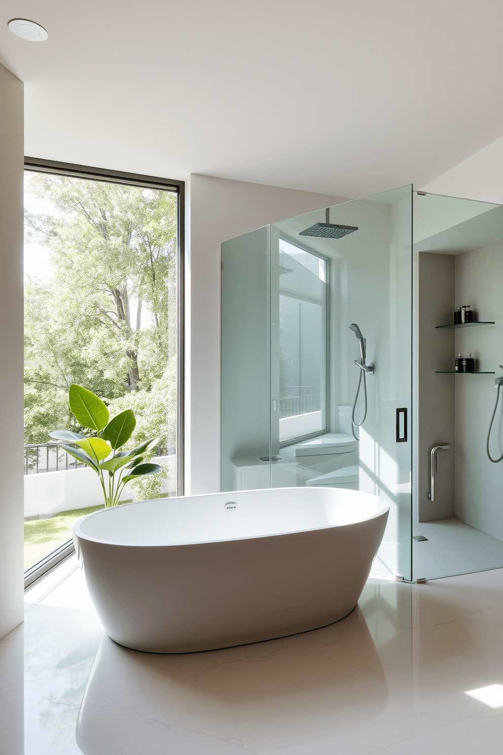 A modern bathroom features a sleek freestanding tub positioned in front of a large window, allowing natural light to flood the space. The tub is surrounded by elegant marble tiles, and a stylish glass enclosure separates the shower area, showcasing a contemporary rain showerhead. The shower area includes a built-in bench and wall-mounted shelves for toiletries, creating a functional yet luxurious feel. Soft, neutral tones dominate the color palette, while strategically placed plants add a touch of freshness and tranquility to the overall design.