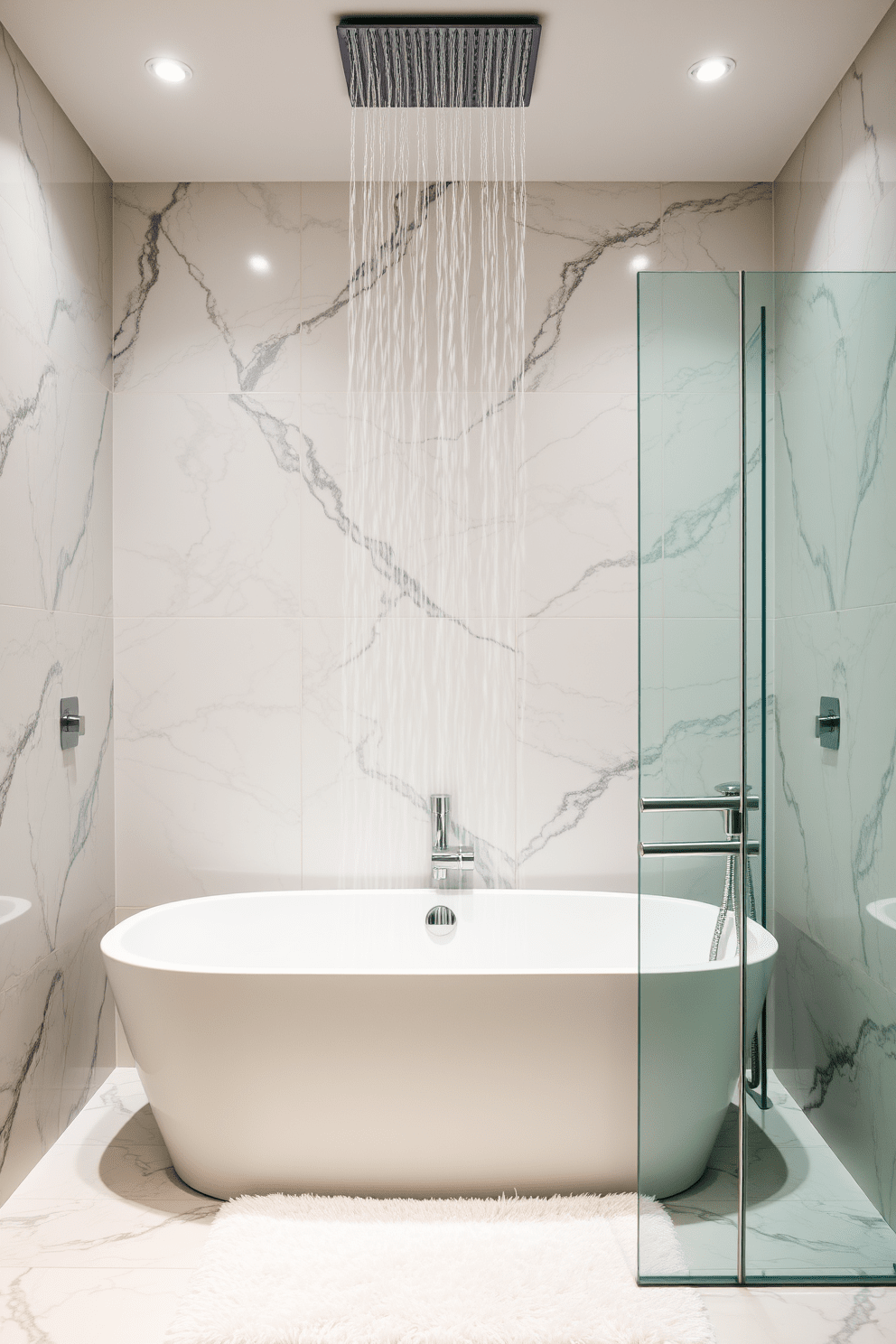 A luxurious soaking tub is positioned against a backdrop of elegant marble tiles. Above the tub, a rainfall showerhead cascades water, creating a spa-like ambiance in the bathroom. The tub is complemented by sleek chrome fixtures and a minimalist glass partition. Soft lighting enhances the serene atmosphere, while a plush bath mat adds a touch of comfort underfoot.