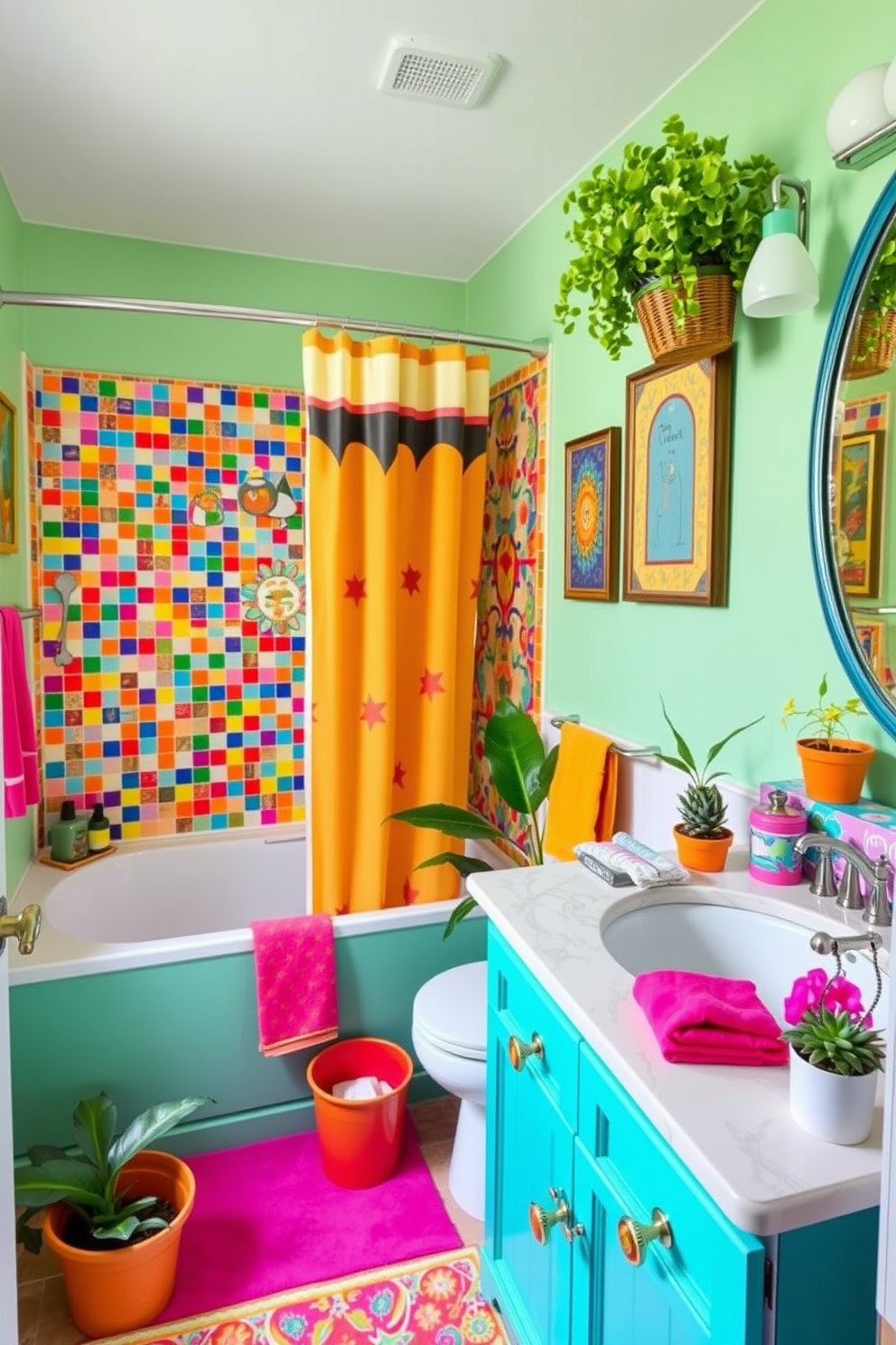 A vibrant bathroom filled with bright colors and playful decor accents. The tub shower combo features a cheerful mosaic tile design, complemented by colorful shower curtains and whimsical wall art. The vanity is painted in a lively shade of turquoise, adorned with funky knobs and a playful backsplash. Brightly colored towels and accessories add a fun touch, while potted plants bring a refreshing feel to the space.