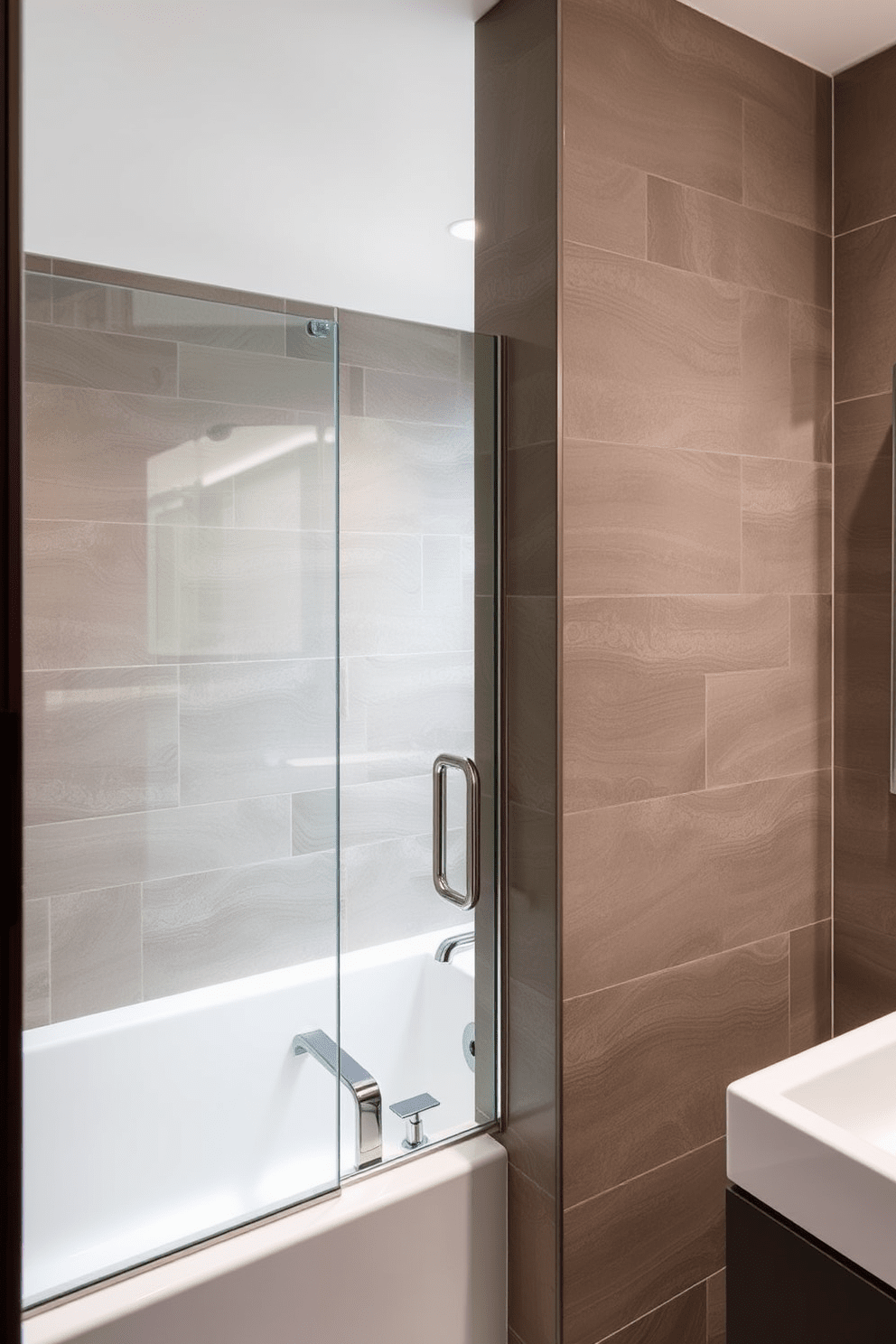 Textured wall panels create visual interest and depth in the bathroom. The tub shower combo is elegantly integrated, featuring a sleek glass enclosure and modern fixtures.