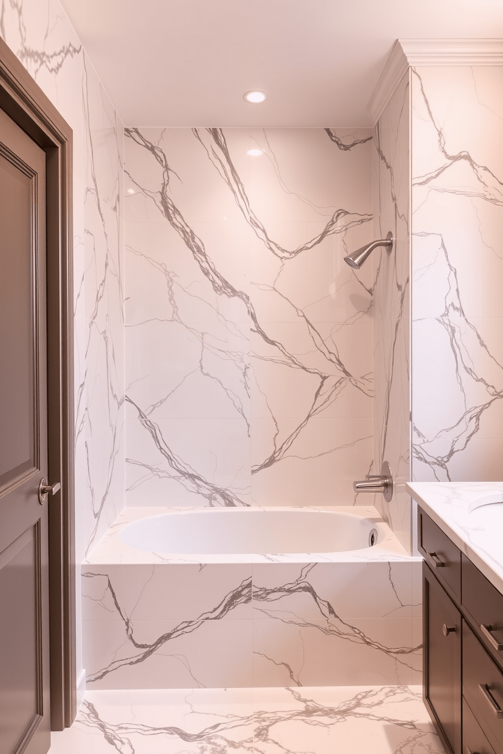 A luxurious bathroom featuring elegant marble tiles that create a timeless and classic atmosphere. The design includes a stylish tub shower combo, seamlessly integrating functionality and aesthetics.