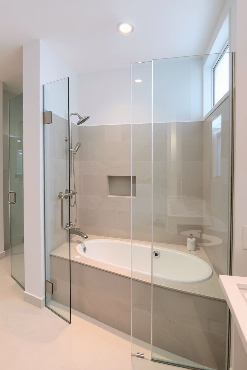 A luxurious bathroom design featuring an integrated tub seamlessly connected to tiled shower walls. The space showcases elegant fixtures with a modern aesthetic, complemented by a stylish glass enclosure.