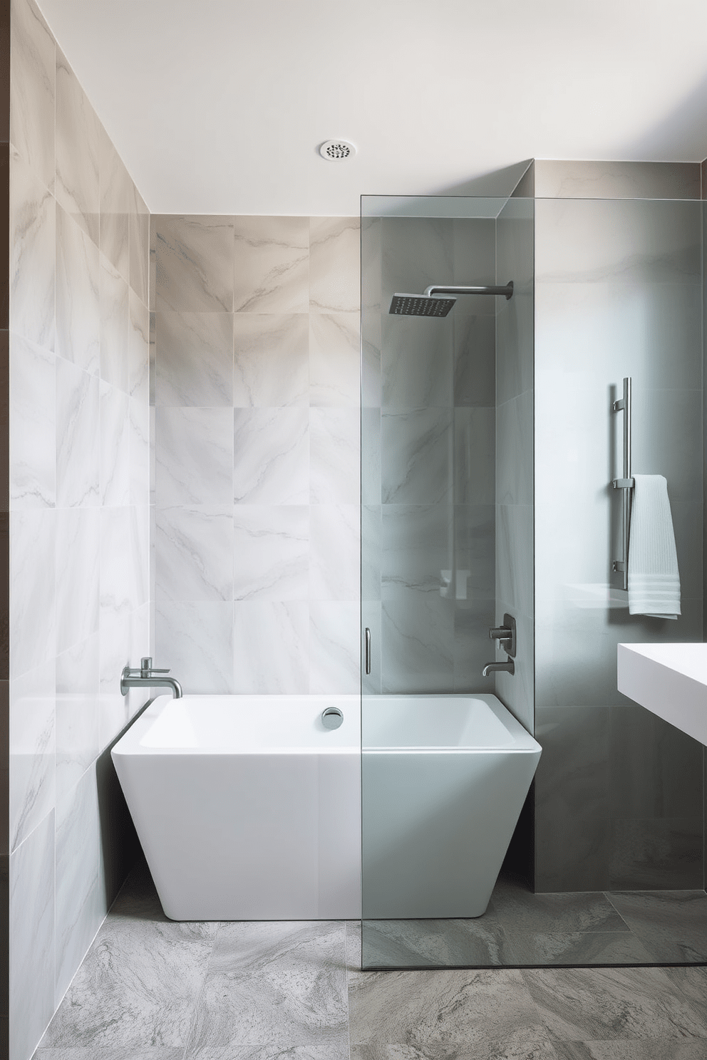 A modern bathroom featuring a tub shower combo with sleek contemporary fixtures. The design incorporates geometric shapes throughout, including a rectangular tub and angular showerhead, creating a visually striking focal point. The walls are adorned with large format tiles in a soft gray hue, while the floor boasts a textured stone finish. A minimalist glass partition separates the shower area, enhancing the open feel of the space.