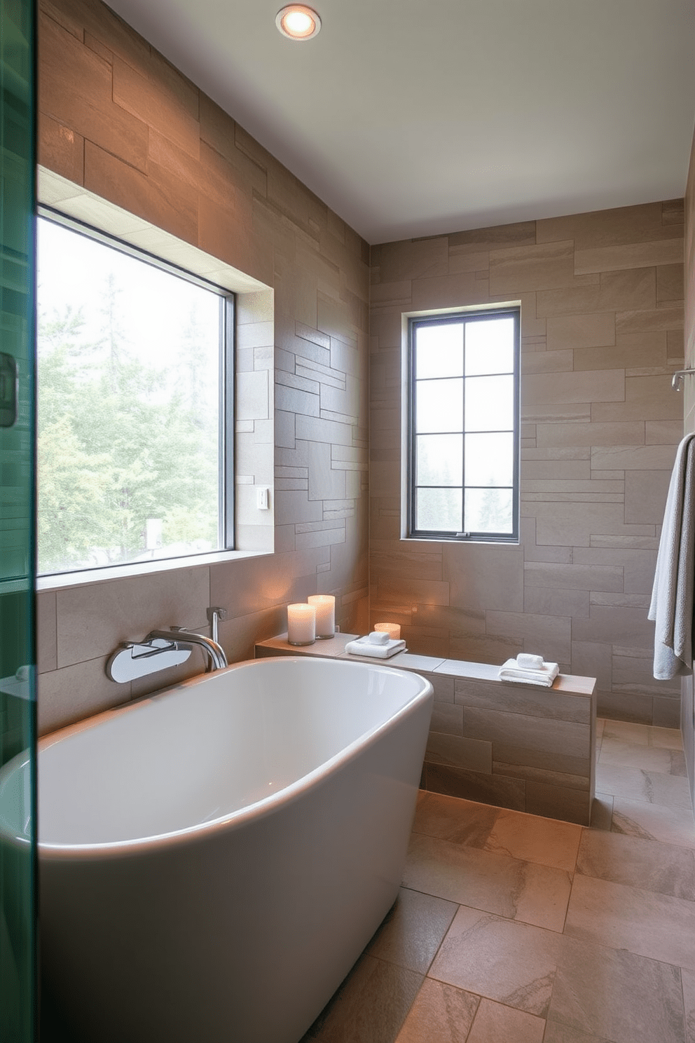 A serene bathroom oasis featuring a natural stone tub shower combo that exudes a spa-like ambiance. The walls are adorned with textured stone tiles, and soft lighting creates a calming atmosphere. The freestanding soaking tub is positioned next to a large window, allowing natural light to flood the space. Elegant fixtures in brushed nickel complement the earthy tones, while plush towels and candles enhance the tranquil setting.