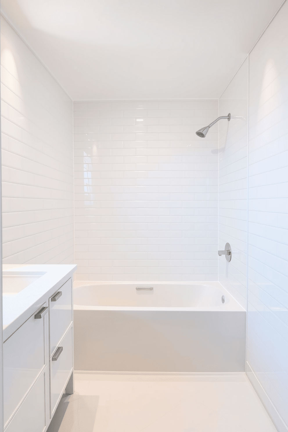 A bright and airy bathroom featuring a tub shower combo with sleek white finishes. The walls are clad in glossy white tiles that reflect light, enhancing the clean aesthetic of the space. The tub is elegantly integrated with a modern showerhead above, creating a seamless look. A minimalist vanity with a white countertop complements the overall design, while soft lighting adds warmth to the atmosphere.