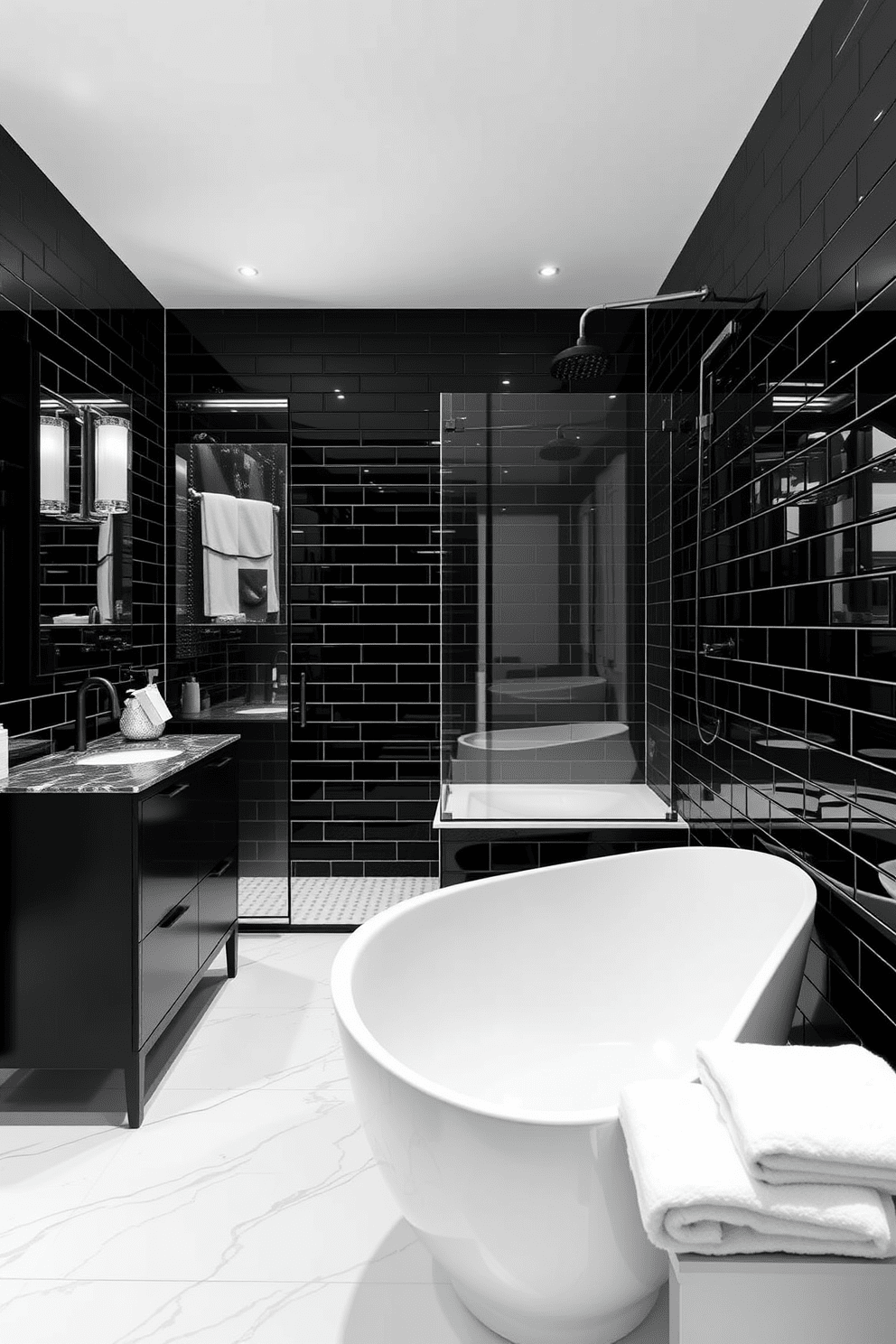 A striking bathroom design featuring a tub shower combo that emphasizes black and white contrast. The walls are adorned with glossy black tiles, while the floor showcases white marble, creating a dramatic effect. The freestanding bathtub is positioned next to a sleek glass shower enclosure with black fixtures. A modern black vanity with a white countertop complements the overall aesthetic, and plush white towels are neatly arranged for a luxurious touch.