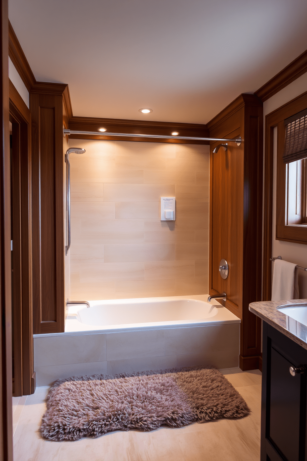 A cozy bathroom featuring warm wood tones and soft lighting creates a serene atmosphere. The tub shower combo is elegantly integrated with wooden paneling and subtle recessed lighting for a soothing effect. The walls are adorned with light beige tiles that complement the rich wood accents. A plush rug lies beneath the tub, adding a touch of comfort and warmth to the space.