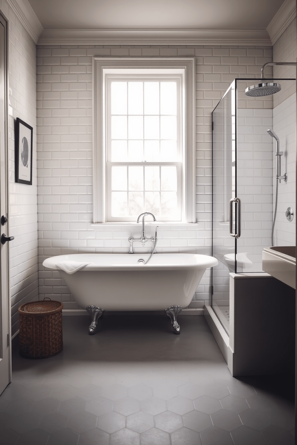 A vintage clawfoot tub is the centerpiece of the bathroom, surrounded by classic white subway tiles that extend to the ceiling. The tub is elegantly positioned beneath a large window, allowing natural light to flood the space and highlight the rich textures of the decor. To the side, a stylish shower combo features a sleek glass enclosure with a rainfall showerhead. The floor is adorned with hexagonal tiles in a soft gray, complementing the overall vintage aesthetic of the room.