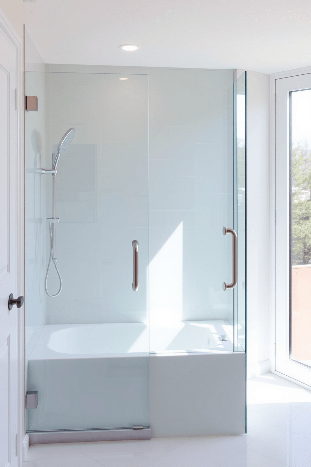 A bright and airy bathroom featuring a glass door that allows natural light to flood the space. The tub shower combo is elegantly designed with sleek tiles and a modern showerhead for a luxurious feel.