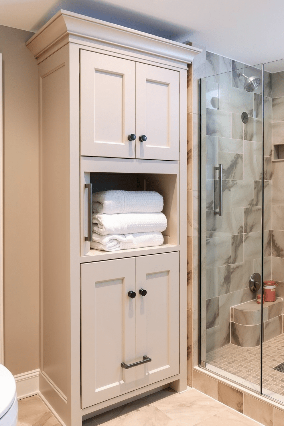 A custom built-in storage unit is designed to hold towels and toiletries, featuring sleek cabinetry with soft-close doors and an elegant finish. The unit is positioned next to a tub shower combo, which is surrounded by tasteful tile work and a glass shower door for a modern touch.