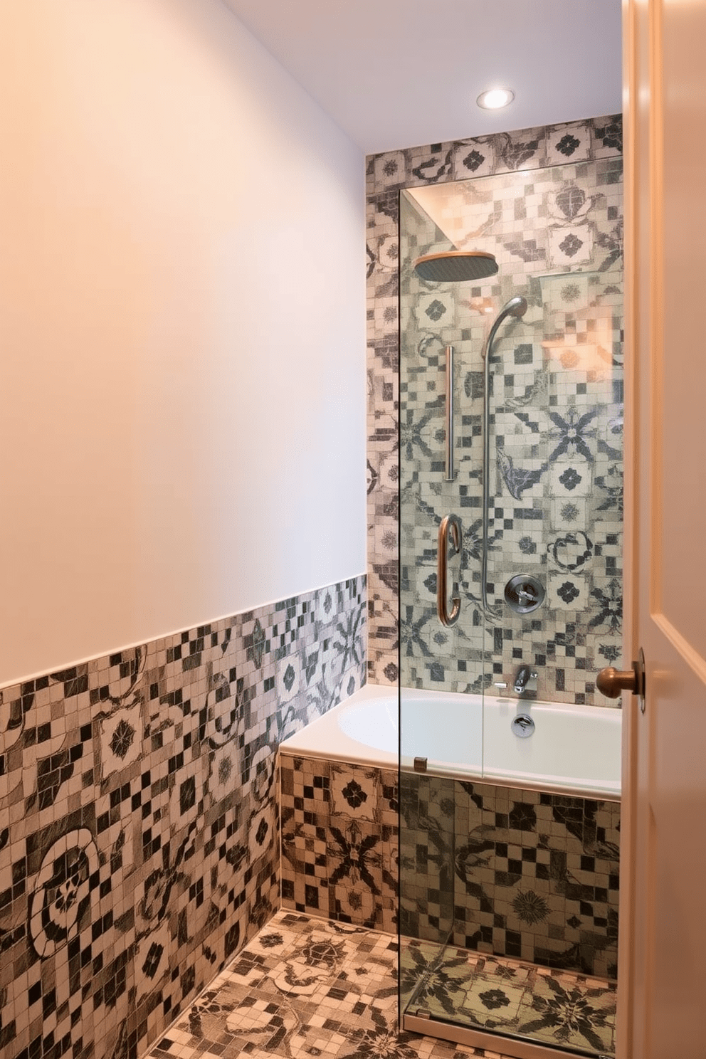 A stylish bathroom featuring vintage tiles in a stunning mosaic pattern that adds character to the space. The tub shower combo is elegantly designed with sleek modern fixtures, creating a perfect blend of old and new. Soft, ambient lighting illuminates the room, highlighting the intricate details of the vintage tiles. A minimalist glass shower door complements the overall aesthetic while providing a sense of openness.