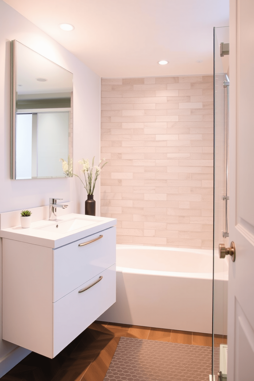 A floating vanity creates an open and airy feel in the bathroom. The sleek design allows for additional floor space while providing ample storage. Incorporate a tub shower combo to maximize functionality in smaller bathrooms. This versatile setup combines relaxation with practicality, making it ideal for everyday use.