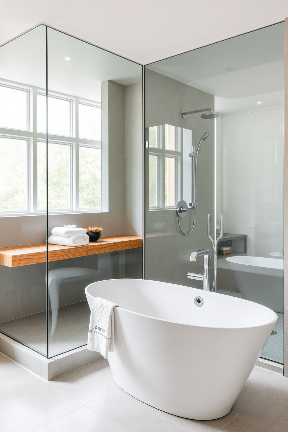 Elegant mirrors to enhance visual space. A sleek freestanding tub sits against a backdrop of large, frameless mirrors that reflect natural light, creating an airy atmosphere. The tub is accompanied by a modern shower combo featuring glass doors and a rain showerhead. Soft gray tiles line the walls, while a minimalist wooden shelf holds plush towels and decorative accents.