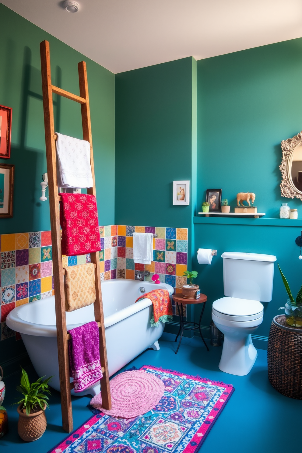 A vibrant bathroom featuring bold colors and eclectic decor elements. The walls are painted a deep teal, and the tub shower combo is adorned with colorful, mismatched tiles that create a playful atmosphere. A vintage wooden ladder leans against the wall, holding an array of colorful towels. Decorative art pieces and plants add personality, while a unique, multi-colored rug anchors the space.