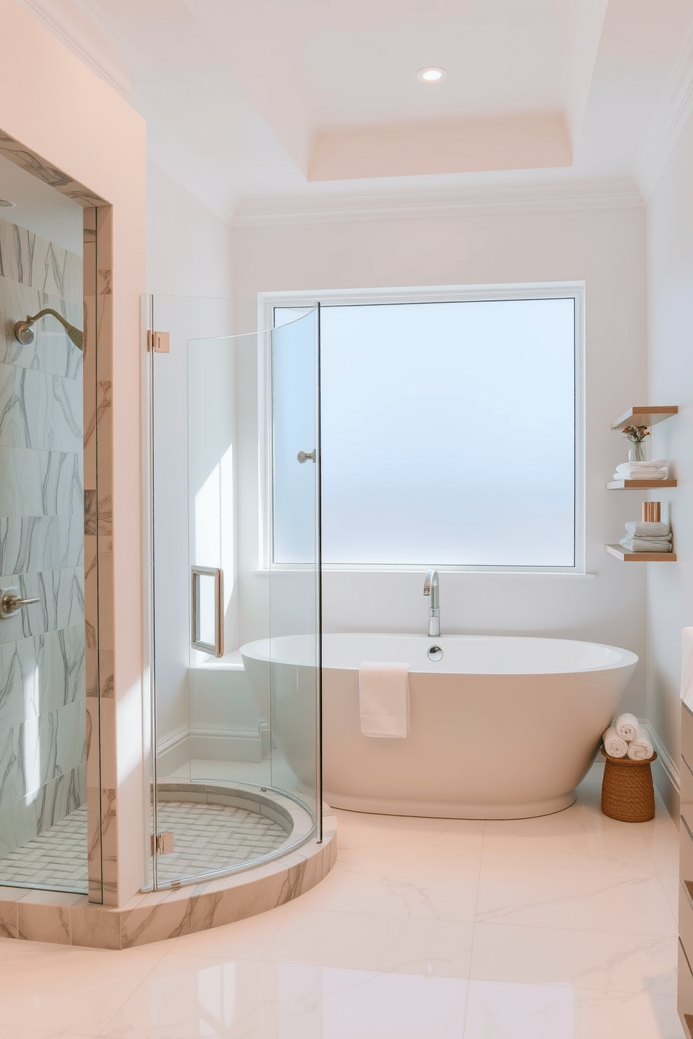 A luxurious bathroom featuring a freestanding shower and a stylish tub combo. The shower is enclosed with clear glass panels, showcasing elegant tile work, while the tub is positioned beside a large window with natural light streaming in. The walls are painted in a soft white hue, creating a serene atmosphere. A chic wooden shelf holds neatly arranged towels and decorative items, enhancing the overall aesthetic of the space.