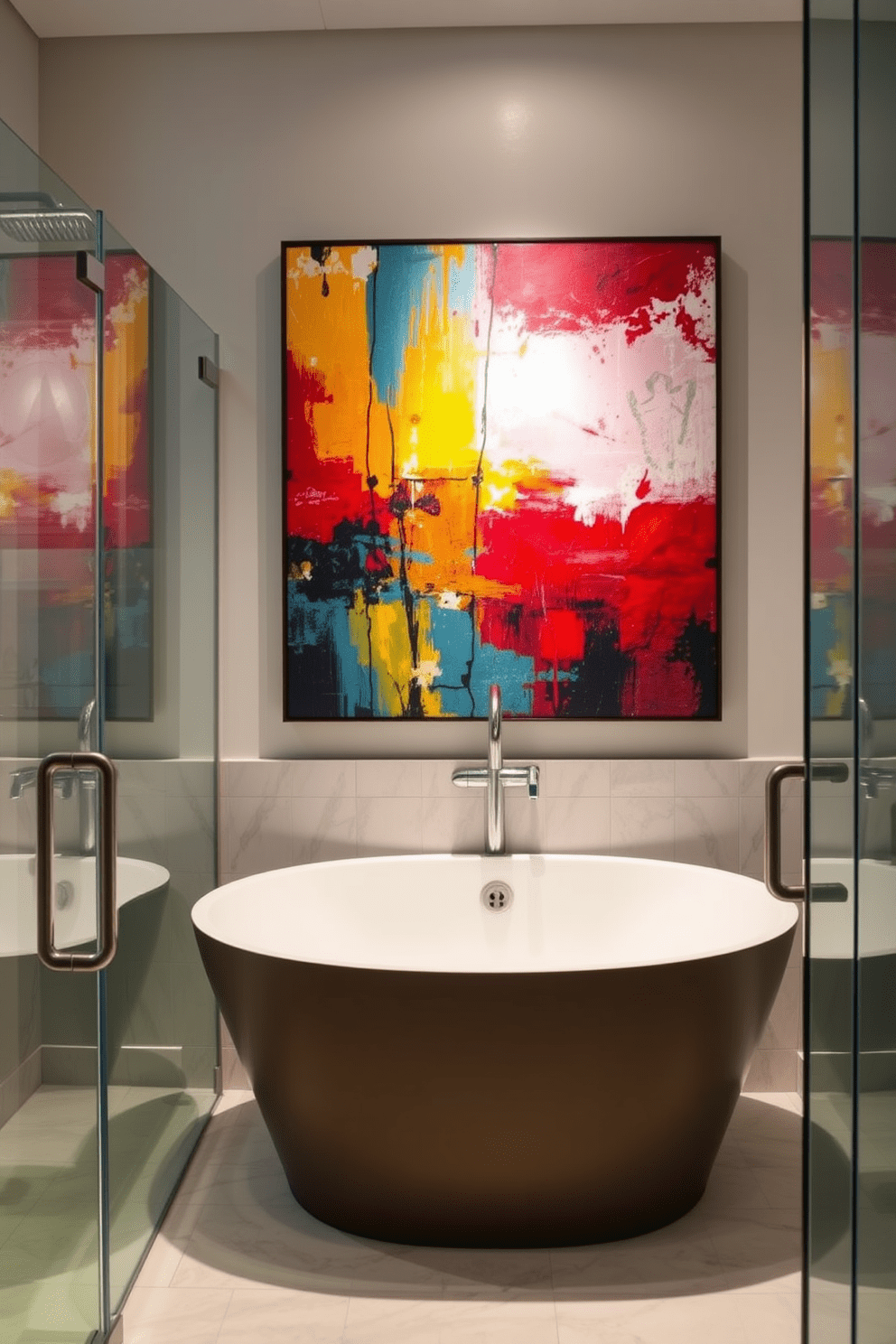 Artistic wall art to personalize space. A vibrant abstract painting hangs above a sleek, modern bathtub, adding a splash of color to the serene bathroom environment. Tub shower combo bathroom design ideas. The elegant tub shower combo features a glass enclosure with a rainfall showerhead, complemented by stylish tile work that enhances the overall aesthetic.