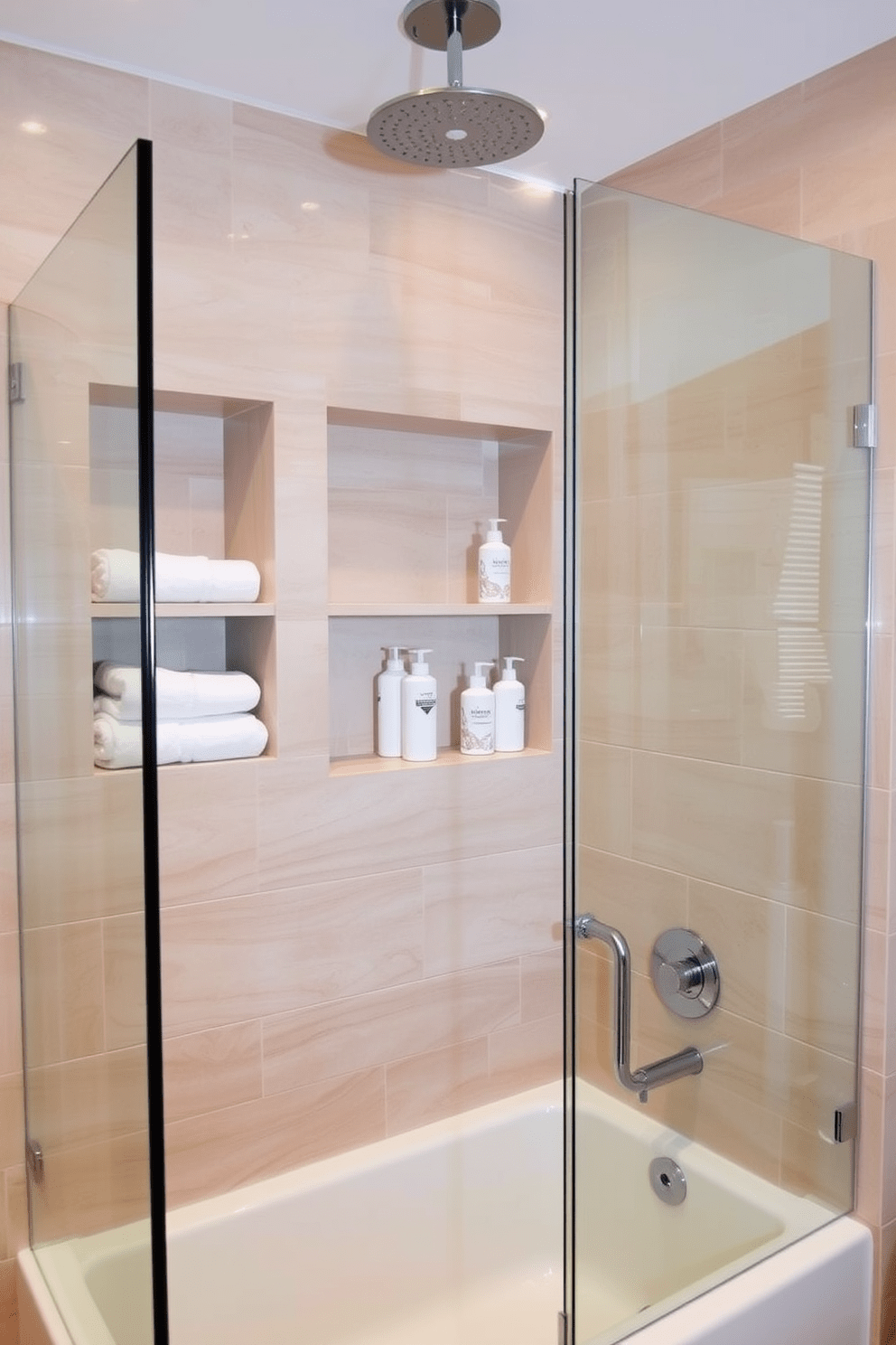 A luxurious corner tub shower combo featuring a sleek glass enclosure. Built-in shelves are elegantly integrated into the wall, displaying neatly arranged towels and bath products. The walls are adorned with soft beige tiles that create a warm and inviting atmosphere. A stylish rain showerhead is positioned above the tub, enhancing the spa-like experience.