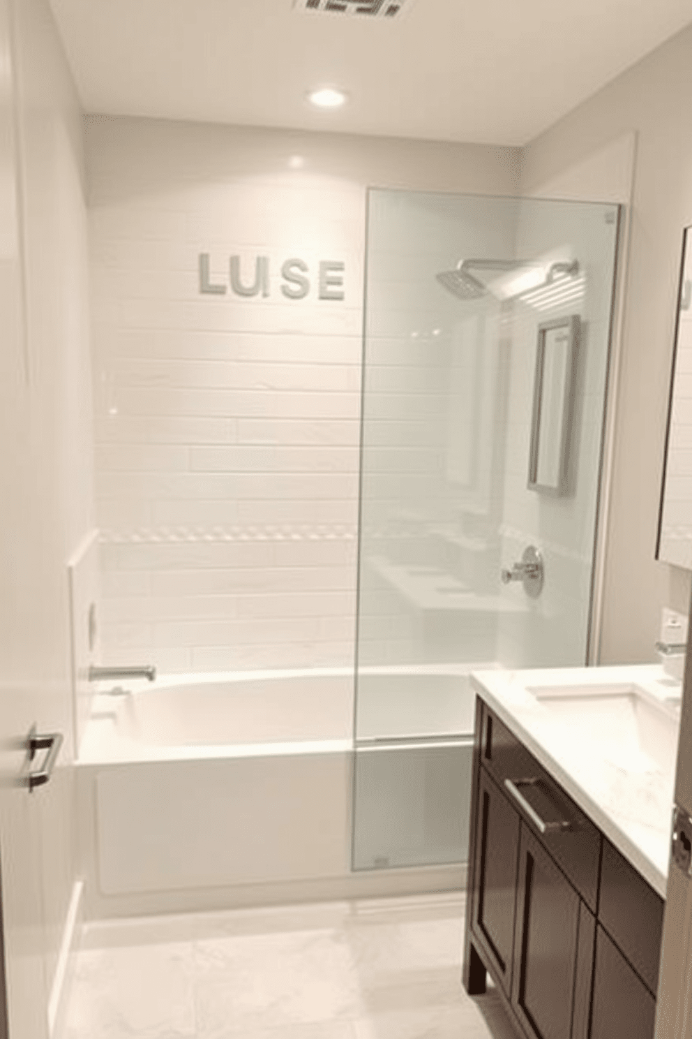 A functional layout for a tub shower combo bathroom features a compact design that maximizes space efficiency. The bathtub is positioned against one wall, with a glass shower enclosure directly adjacent to it, allowing for easy access and a seamless look. The vanity is placed opposite the tub, with a sleek countertop and integrated storage beneath. Neutral tones dominate the color palette, complemented by stylish fixtures and ample lighting to create a bright and inviting atmosphere.