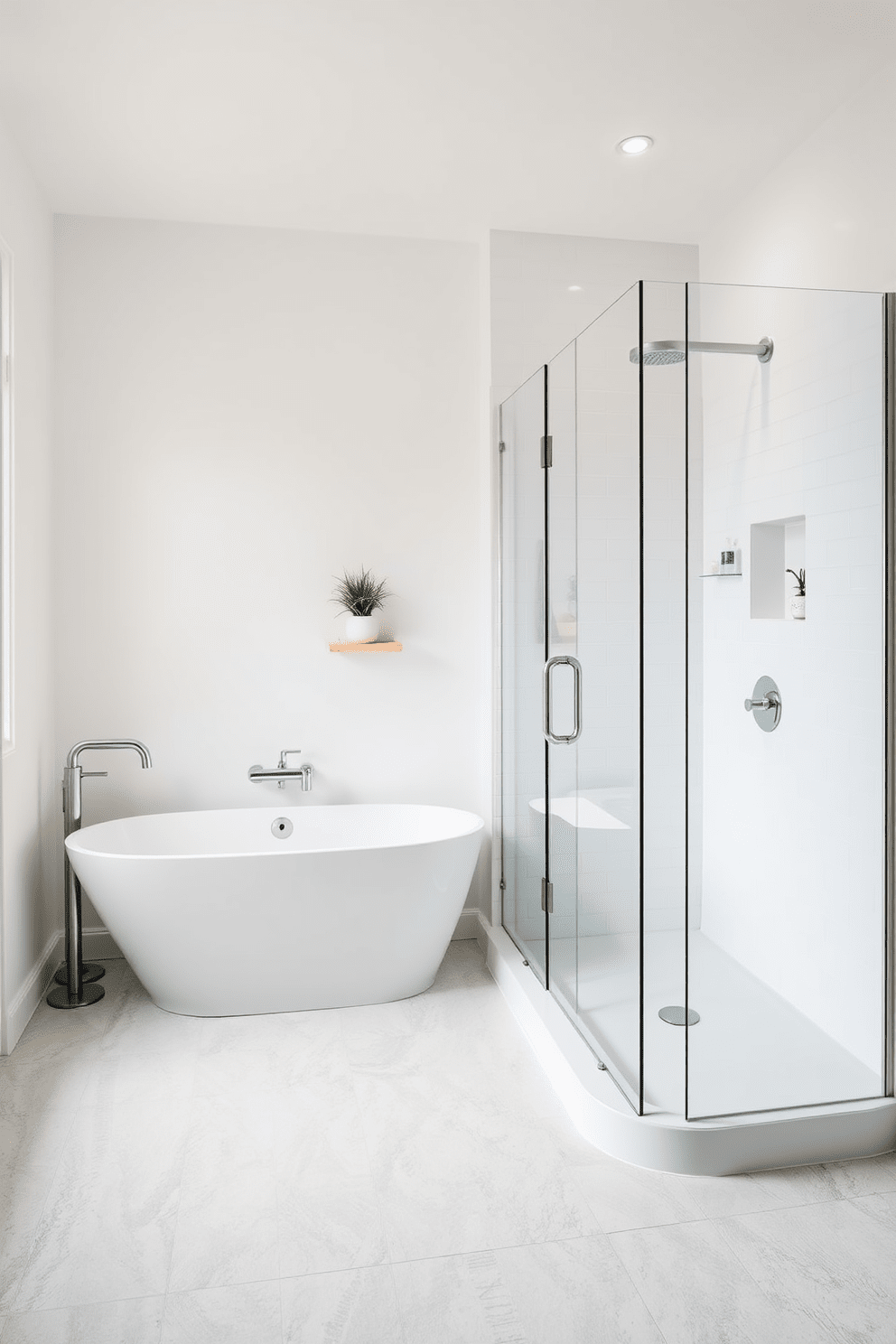 A minimalist bathroom featuring a tub shower combo with sleek, modern fixtures. The walls are painted in a soft white, complemented by a light gray tile floor that adds a touch of elegance. A freestanding bathtub sits next to a glass shower enclosure, creating an open and airy feel. Simple wooden shelves hold neatly arranged toiletries, while a small potted plant adds a hint of greenery.