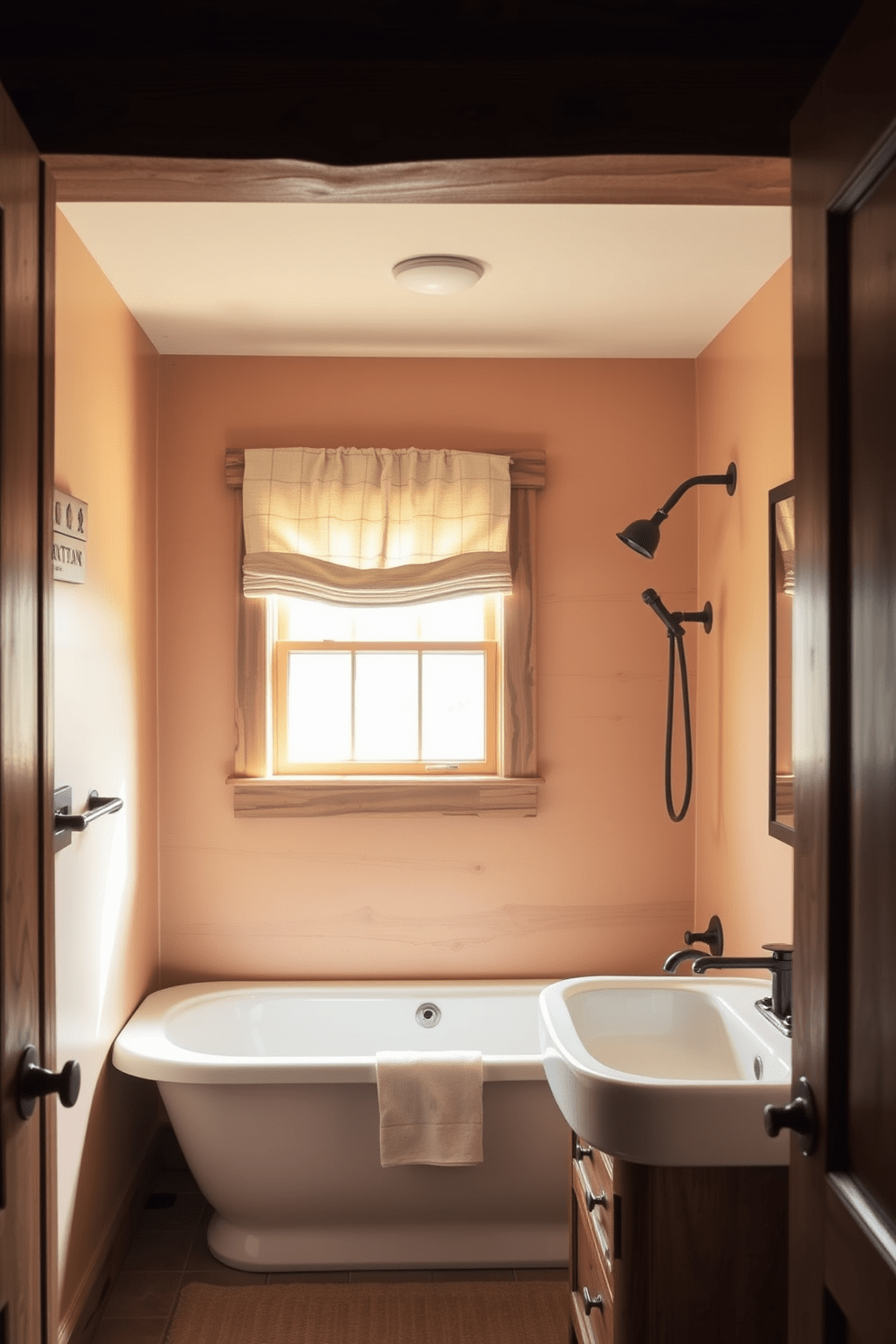 A cozy bathroom featuring rustic wood accents throughout the space. The centerpiece is a farmhouse sink paired with a stylish tub shower combo that enhances the charm of the design. Natural light floods in through a window adorned with simple linen curtains. The walls are painted in a soft, warm hue that complements the earthy tones of the wooden elements.