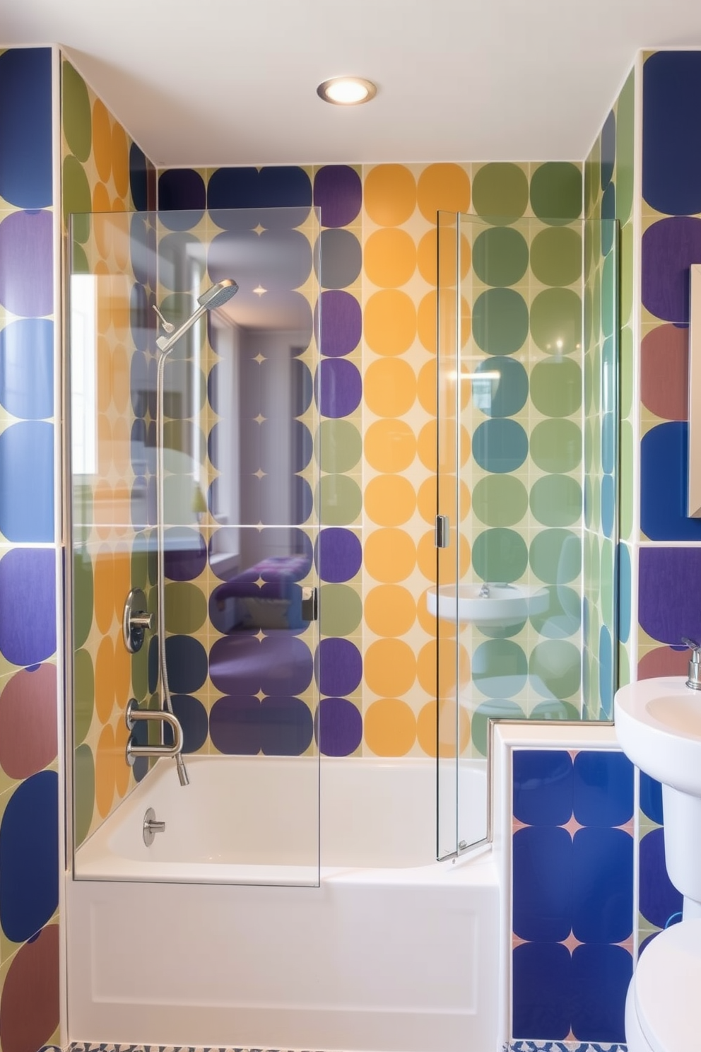 A vibrant bathroom setting featuring bold patterned tiles that create a striking backdrop. The tub shower combo is elegantly designed with a glass enclosure, showcasing a modern faucet and sleek fixtures.