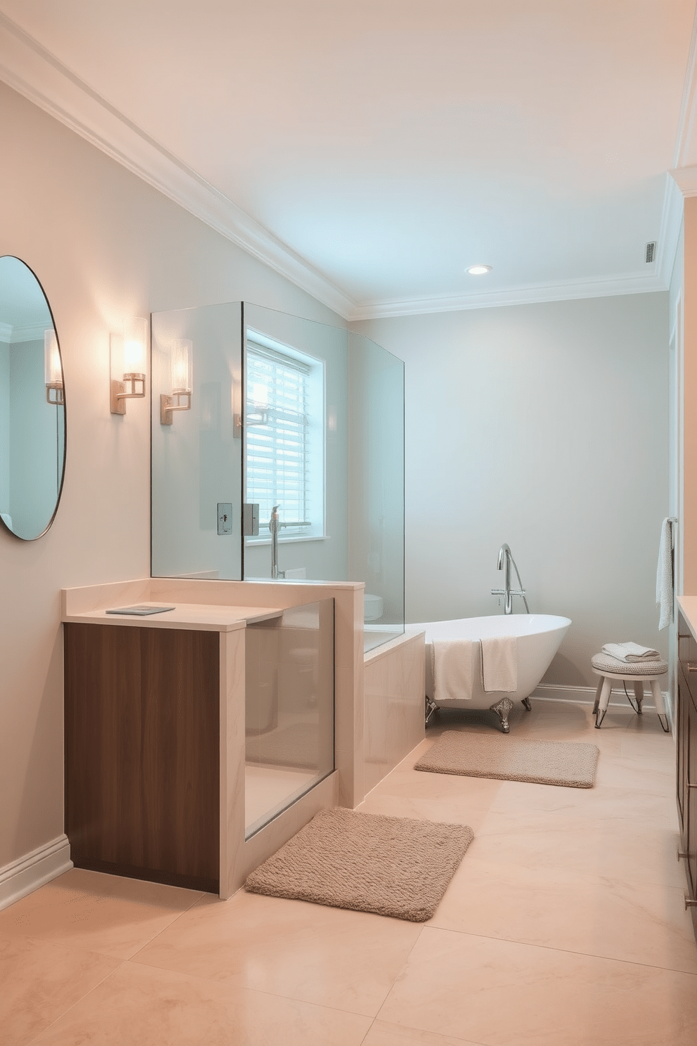 A serene bathroom featuring a tub shower combo with sleek lines and a glass enclosure. The walls are adorned in soft neutral tones, complemented by elegant lighting fixtures that create a warm ambiance. The floor is finished with large format tiles in a light beige hue, enhancing the spacious feel of the room. A stylish freestanding tub sits adjacent to the shower, with a chic faucet and a plush bath mat nearby.