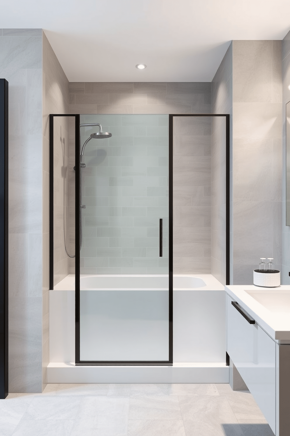 A stylish space-saving tub shower combo is designed for a small bathroom. The sleek unit features a modern tub with a glass shower enclosure, maximizing functionality without sacrificing aesthetics. The walls are adorned with light gray tiles, creating an open and airy feel. A floating vanity with a minimalist design complements the space, while soft lighting highlights the elegant fixtures.