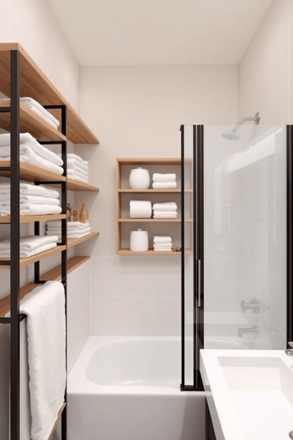 Open shelving lines the walls, providing easy access to neatly arranged towels and toiletries. The tub shower combo features a sleek glass enclosure, complemented by modern fixtures and a minimalist aesthetic.