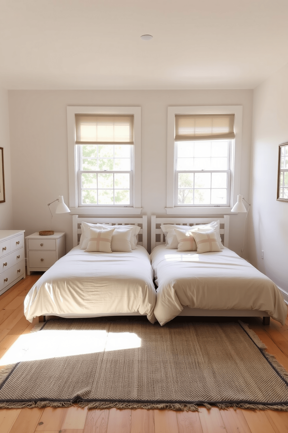 A serene twin bedroom featuring matching nightstands on either side of a shared bed. The bed is adorned with soft linens in pastel colors, creating a calming atmosphere. Natural light floods the room through large windows, illuminating the light wood flooring. A cozy area rug lies beneath the bed, adding warmth and texture to the space.