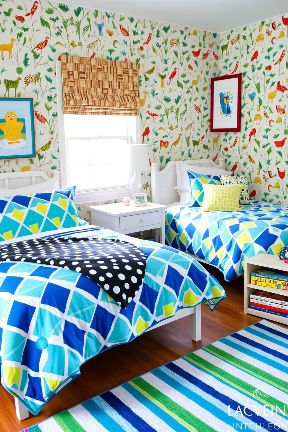 A twin bedroom featuring playful patterns in textiles. The bed linens showcase vibrant geometric prints in shades of blue and yellow, complemented by a fun polka dot throw blanket draped across one bed. On the walls, whimsical wallpaper with a nature theme adds a cheerful touch, while colorful artwork hangs above each bed. A cozy area rug with a bold striped design anchors the space, and a small bookshelf filled with colorful books completes the inviting atmosphere.