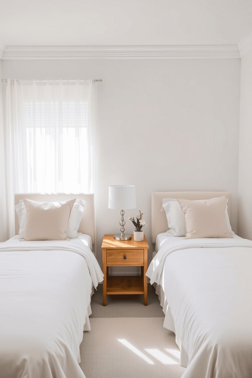 A serene twin bedroom design featuring light-colored walls that create an airy atmosphere. Two twin beds with soft white linens are positioned opposite each other, complemented by delicate pastel accent pillows. A stylish wooden nightstand sits between the beds, adorned with a modern lamp and a small decorative plant. The room is illuminated by natural light streaming through sheer curtains, enhancing the overall brightness and warmth of the space.