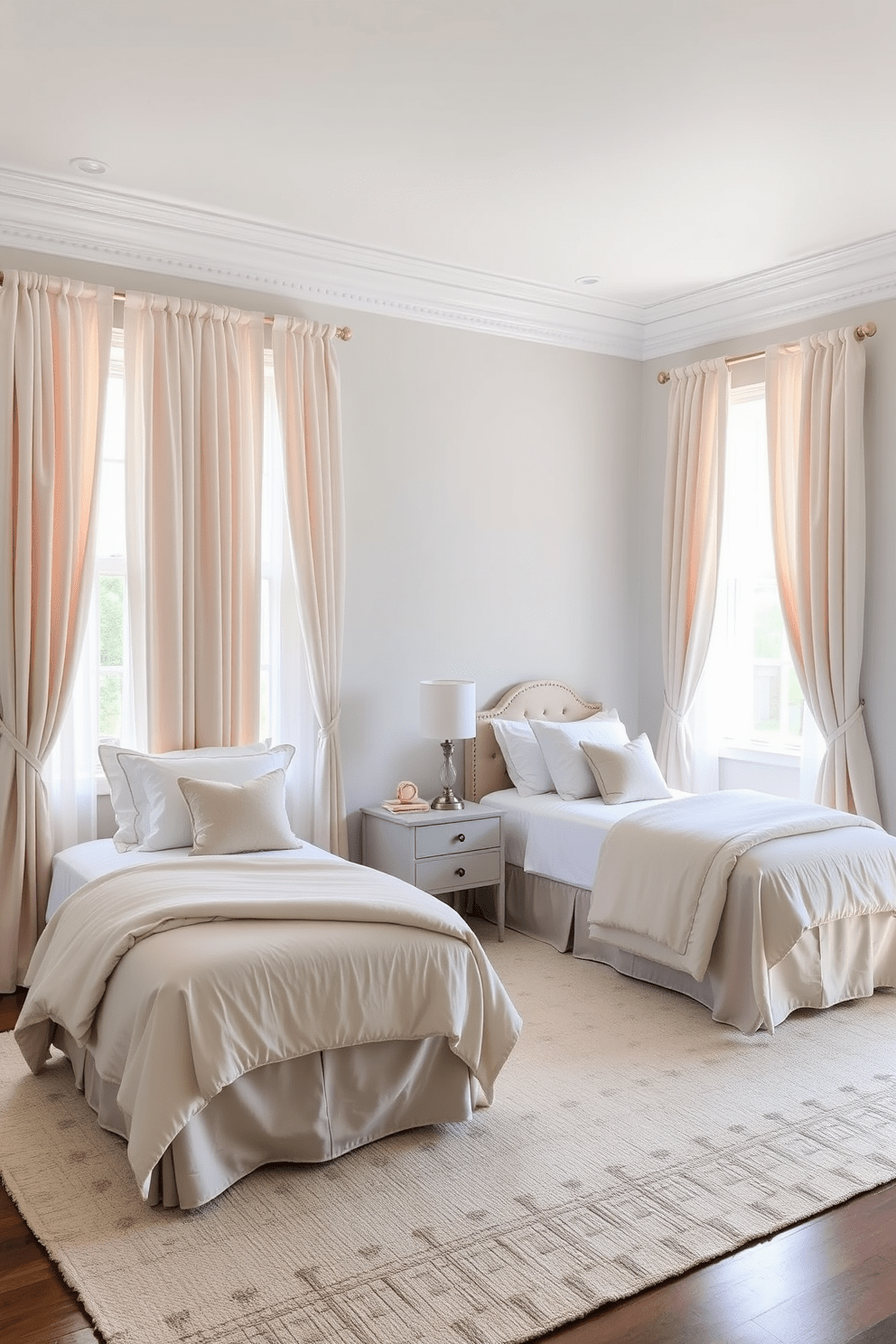 A serene twin bedroom design featuring soft pastel curtains that elegantly frame the windows. The room includes two twin beds with plush bedding, a shared nightstand between them adorned with a stylish lamp. The walls are painted in a light, airy color, enhancing the sense of space and tranquility. A cozy area rug lies beneath the beds, adding warmth and texture to the overall design.