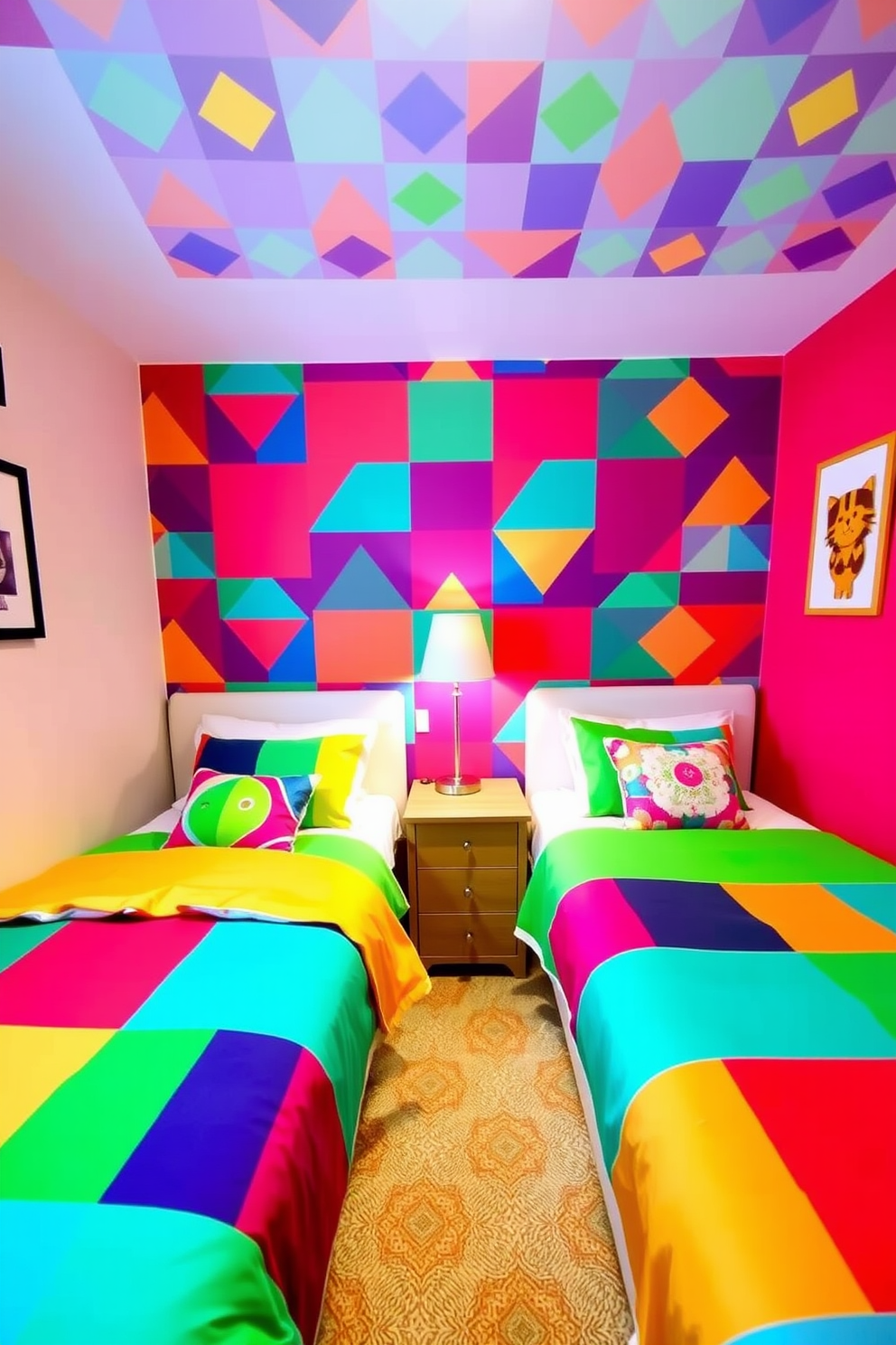 A twin bedroom featuring a fun accent wall adorned with vibrant geometric patterns. The room includes two twin beds with colorful bedding, a shared nightstand between them, and playful wall art that adds personality to the space.