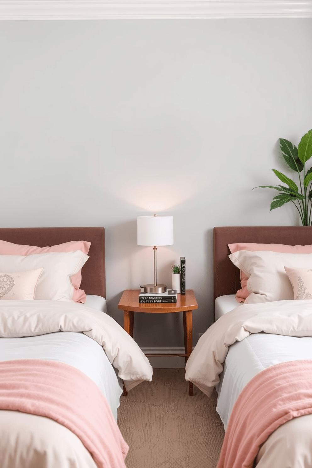 A serene twin bedroom setting designed for comfort and relaxation. The room features two twin beds with plush bedding in soft pastel colors, positioned parallel to each other against a light gray wall. A stylish nightstand sits between the beds, adorned with a modern lamp and a few books. Lush green plants in decorative pots are placed in the corners of the room, adding a fresh and vibrant touch to the overall design.