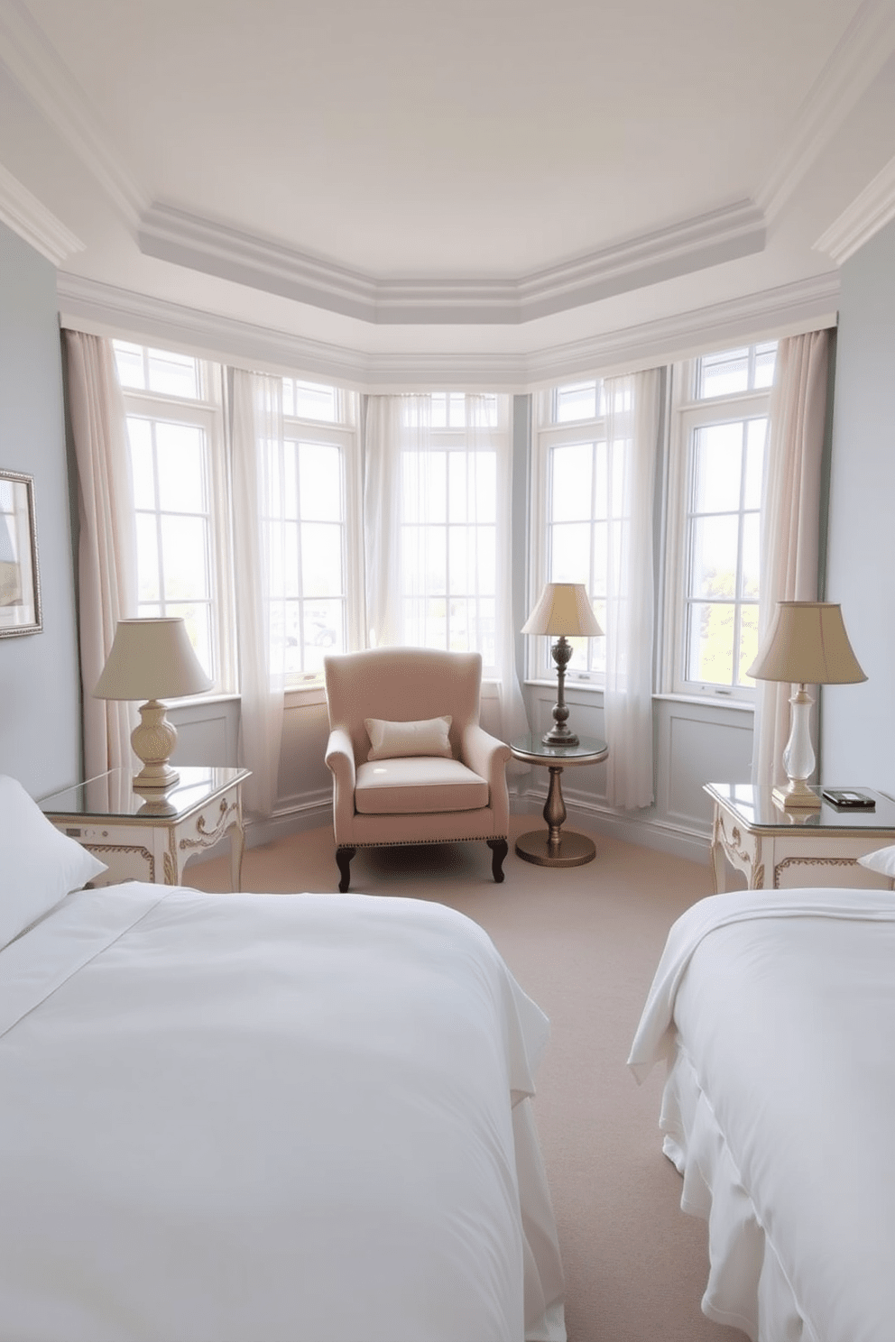 A cozy twin bedroom featuring two elegant twin beds with soft linens in a light pastel color scheme. A small seating area is positioned between the beds, adorned with a plush armchair and a stylish side table. The walls are painted in a soothing pale blue, creating a serene atmosphere. Large windows allow natural light to flood the room, with sheer curtains gently framing the views.