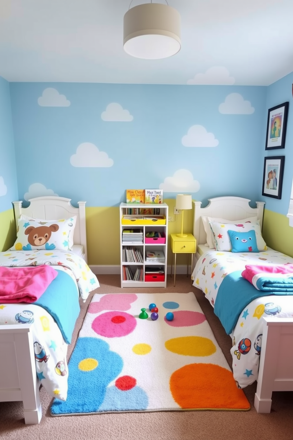 A whimsical twin bedroom designed for children. The walls are painted in a soft sky blue with playful cloud decals, and the bedding features colorful patterns of animals and stars. Two twin beds are positioned against opposite walls, each adorned with plush pillows and a cozy throw blanket. A cheerful area rug in bright colors sits in the center of the room, providing a soft play area for toys and games. A small bookshelf filled with storybooks and toys is placed between the beds, encouraging reading and imaginative play. A colorful nightstand with a fun lamp adds a touch of charm, while framed artwork of their favorite characters decorates the walls.