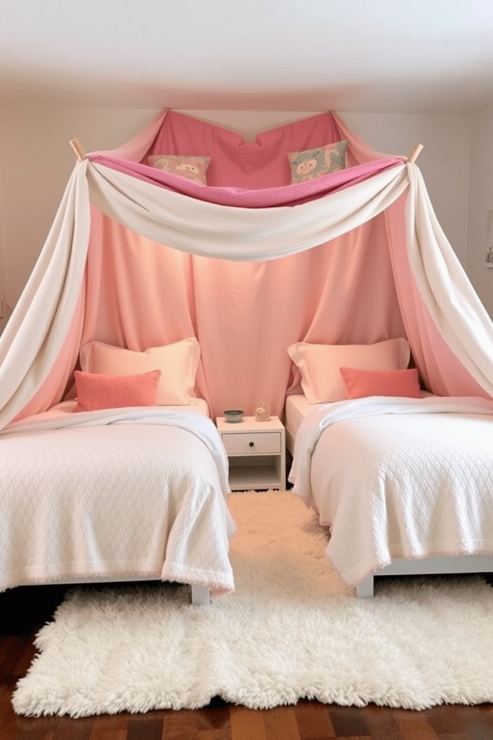 Create a cozy blanket fort area in a twin bedroom. The fort is constructed from soft blankets and colorful pillows, creating a warm and inviting space for relaxation and play. The twin beds are adorned with plush bedding in pastel colors, complemented by whimsical wall art. A soft rug lies beneath the beds, adding comfort and warmth to the room's atmosphere.