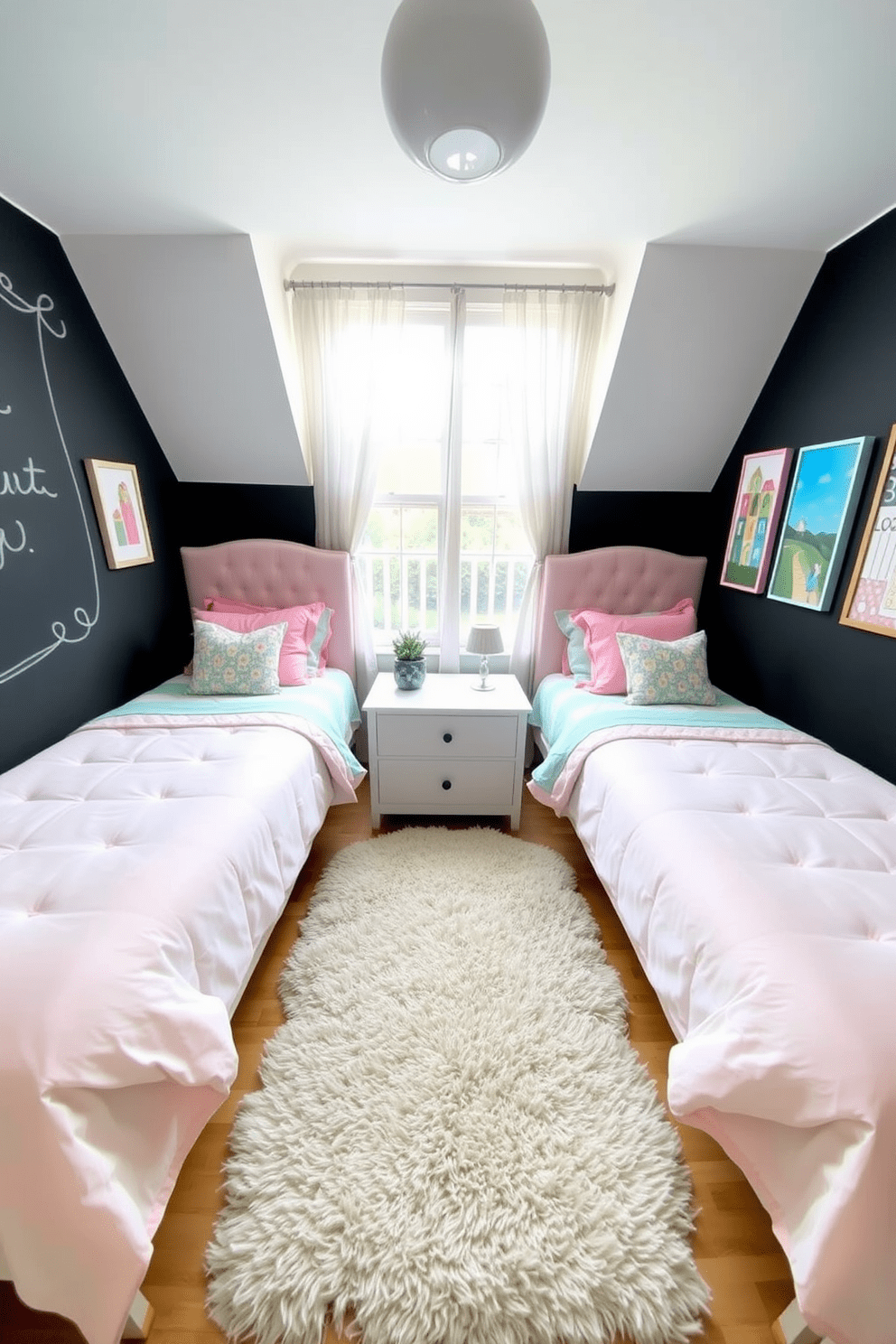 A charming twin bedroom featuring two identical beds with soft pastel bedding. A chalkboard wall on one side invites creativity, while colorful artwork decorates the opposite wall. Each bed is flanked by a stylish nightstand with a small lamp for reading. A plush area rug in the center adds warmth, and a window with sheer curtains allows natural light to filter in.