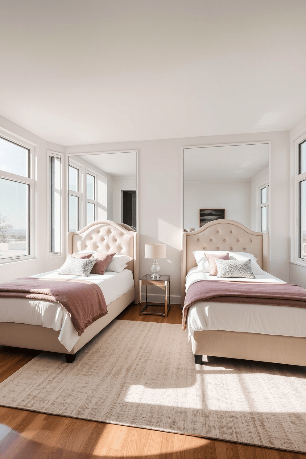 A serene twin bedroom featuring two single beds with elegant headboards positioned opposite each other. Large windows allow ample natural light to flood the space, and strategically placed mirrors reflect this light, creating an airy and open atmosphere. The walls are painted in a soft pastel hue, complemented by cozy bedding and decorative pillows. A stylish rug anchors the room, while a small bedside table with lamps adds functionality and warmth.