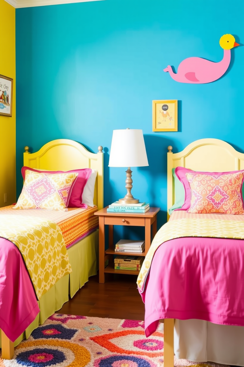 A whimsical twin bedroom designed with a playful color scheme featuring bright yellow walls and a cheerful blue accent wall. Two twin beds with colorful bedding in shades of pink and green are positioned side by side, each adorned with fun patterned throw pillows. A small wooden nightstand between the beds holds a quirky lamp and a stack of children's books. The floor is covered with a soft, multicolored area rug, and whimsical wall art adds a touch of charm to the space.