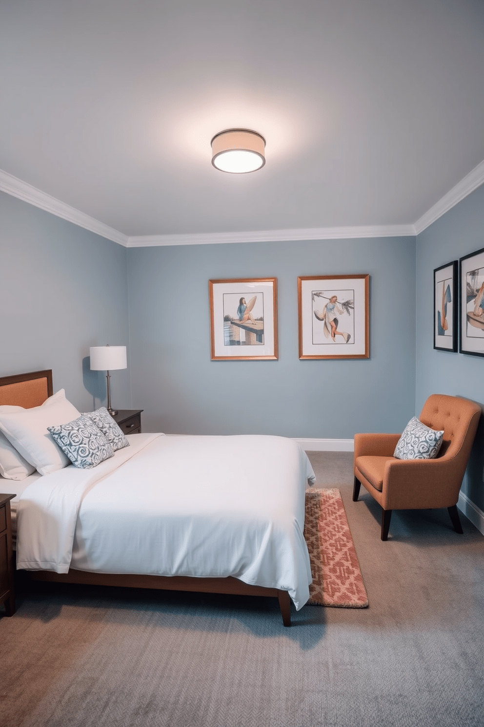 A serene twin bedroom designed for comfort and relaxation. The room features two cozy twin beds with plush bedding, positioned opposite each other, and a soft area rug in between. In one corner, a stylish reading chair upholstered in a warm fabric invites you to unwind with a good book. The walls are painted in a calming light blue hue, complemented by framed artwork that adds a touch of personality to the space.