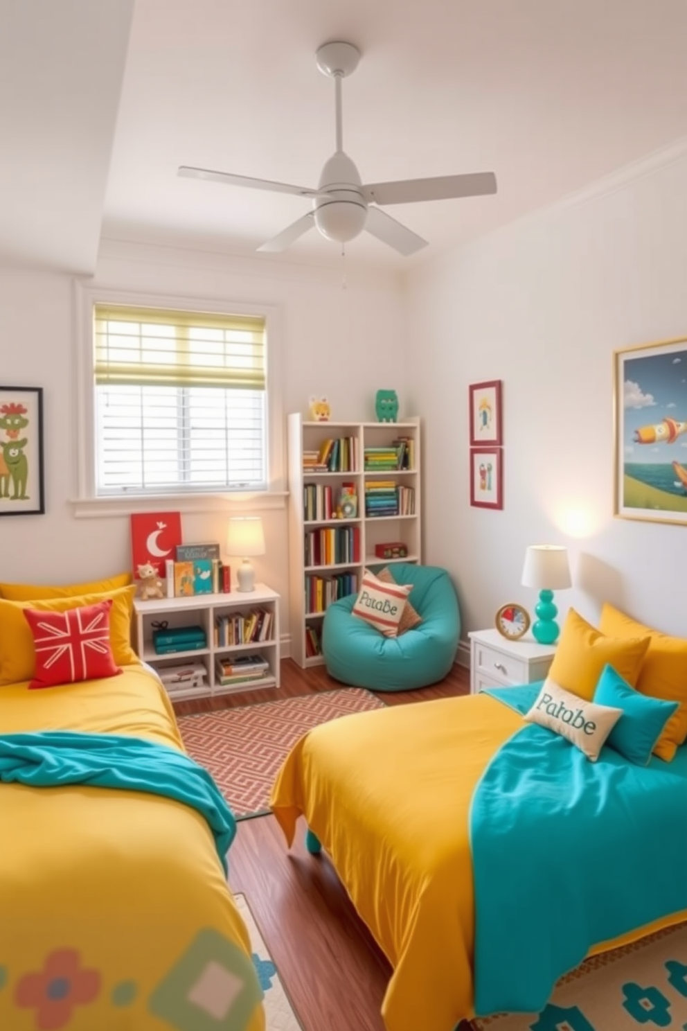 A bright and cheerful twin bedroom featuring two beds with colorful bedding in shades of yellow and turquoise. The walls are painted in a soft white to enhance the vibrancy of the decor and playful artwork adorns the space. A cozy reading nook is created with a small bookshelf filled with children's books and a comfortable bean bag chair. Fun accessories like patterned rugs and whimsical lamps add to the lively atmosphere of the room.