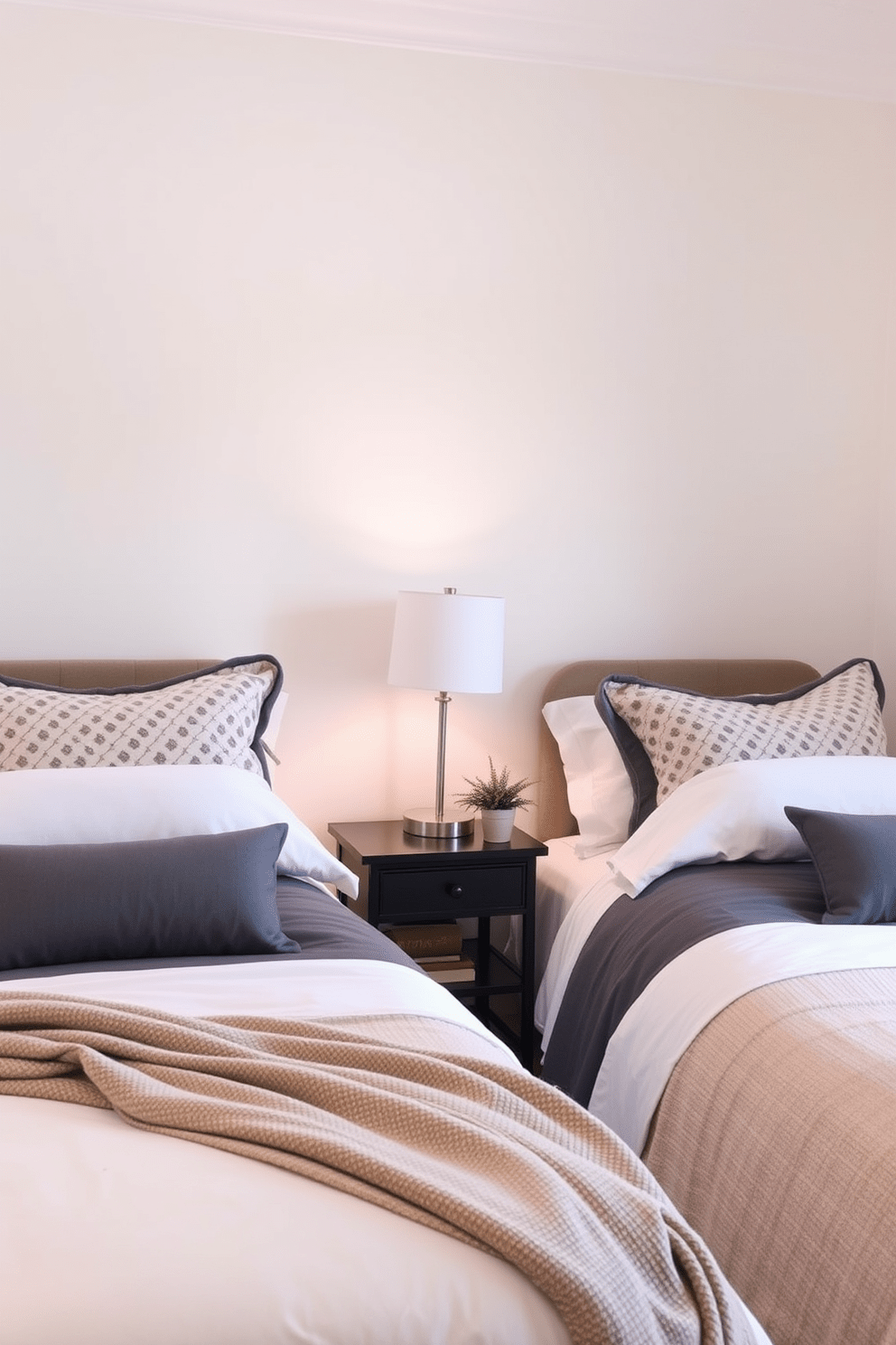 A cozy twin bedroom featuring layered bedding that adds depth and texture. The bed is adorned with a mix of patterned and solid color pillows, complemented by a soft throw blanket at the foot. The walls are painted in a light pastel hue, creating a serene atmosphere. A stylish nightstand sits beside each bed, topped with a modern lamp and a small decorative plant.